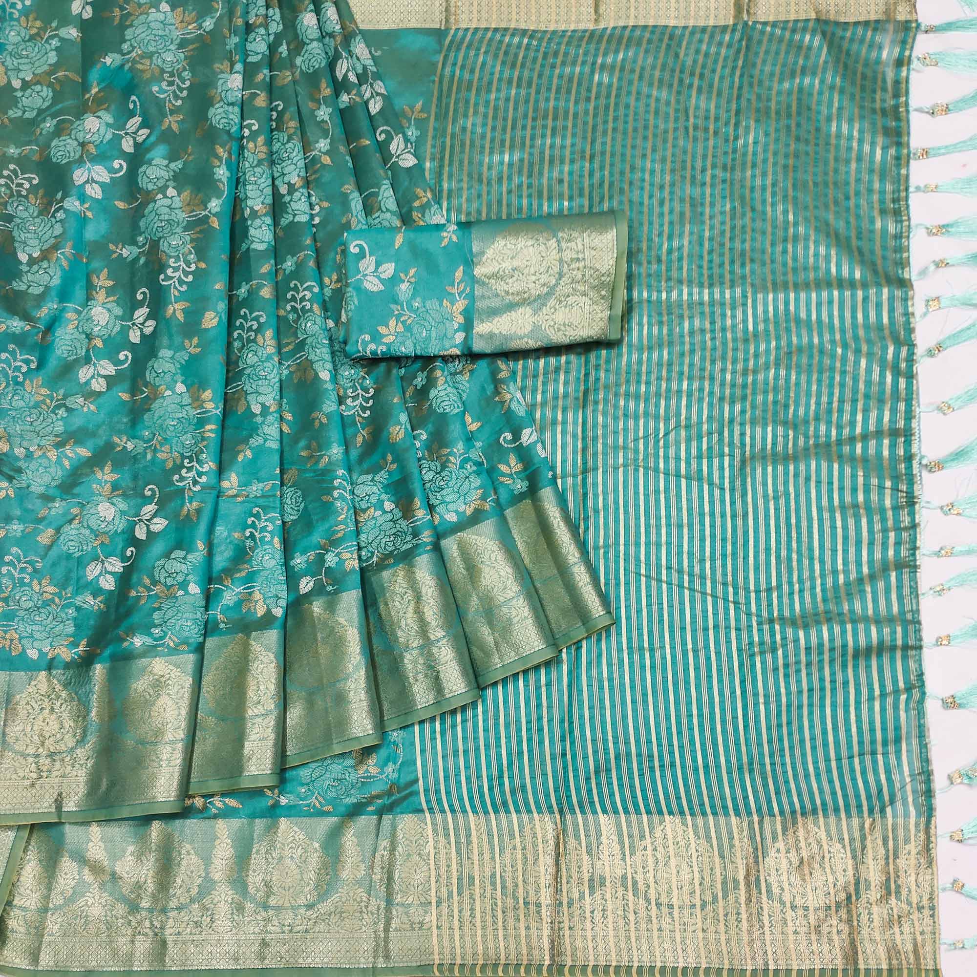 Rama Blue Woven Organza Saree With Tassels