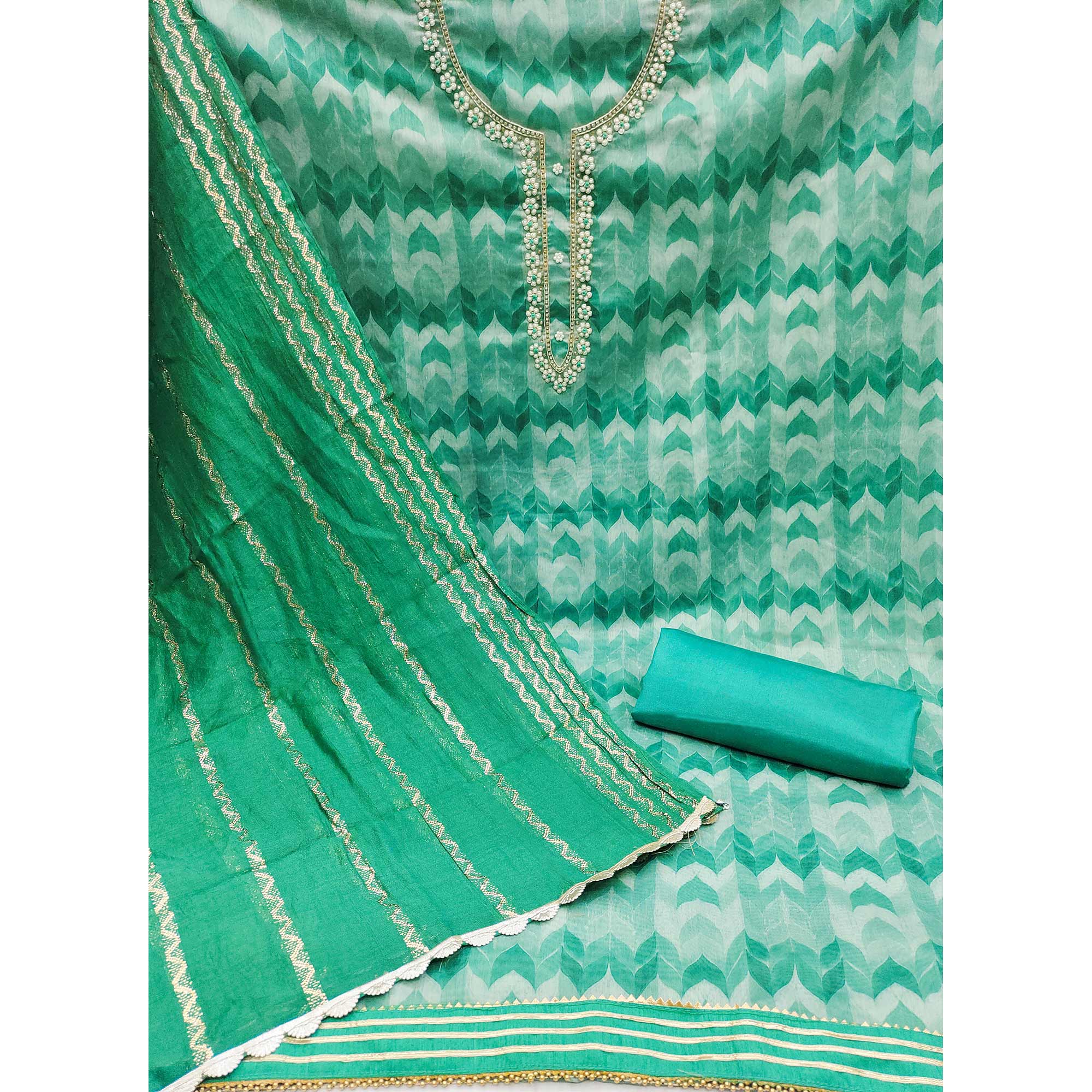 Green Printed With Handwork Modal Dress Material