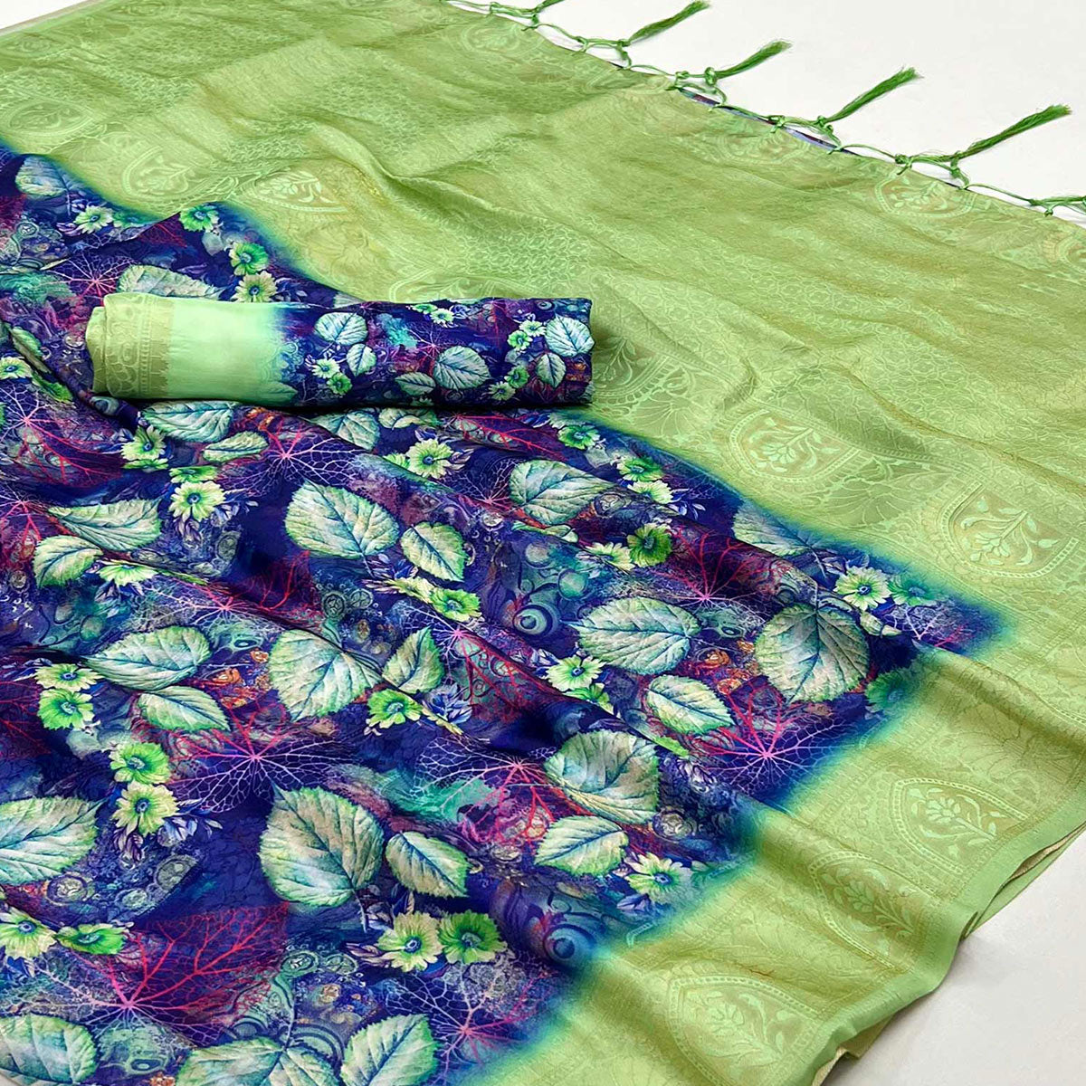 Blue & Green Floral Digital Printed Jacquard Saree