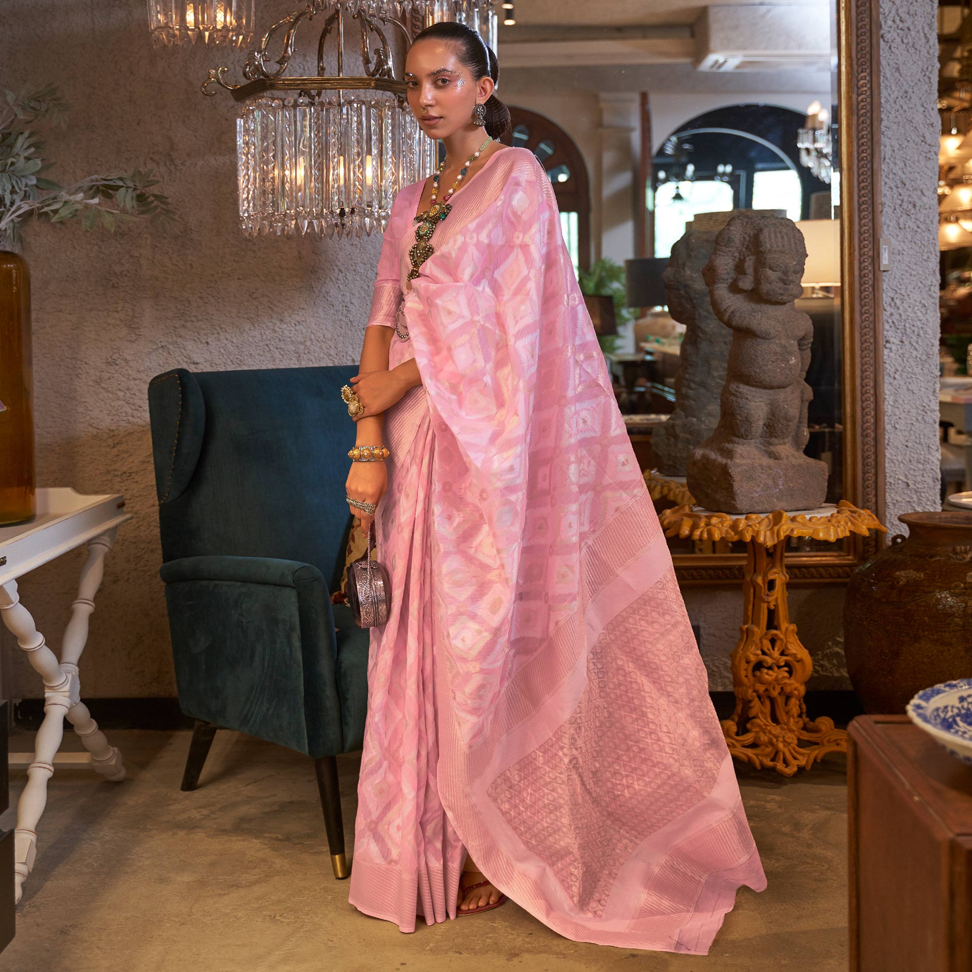 Pink Woven Art Silk Saree