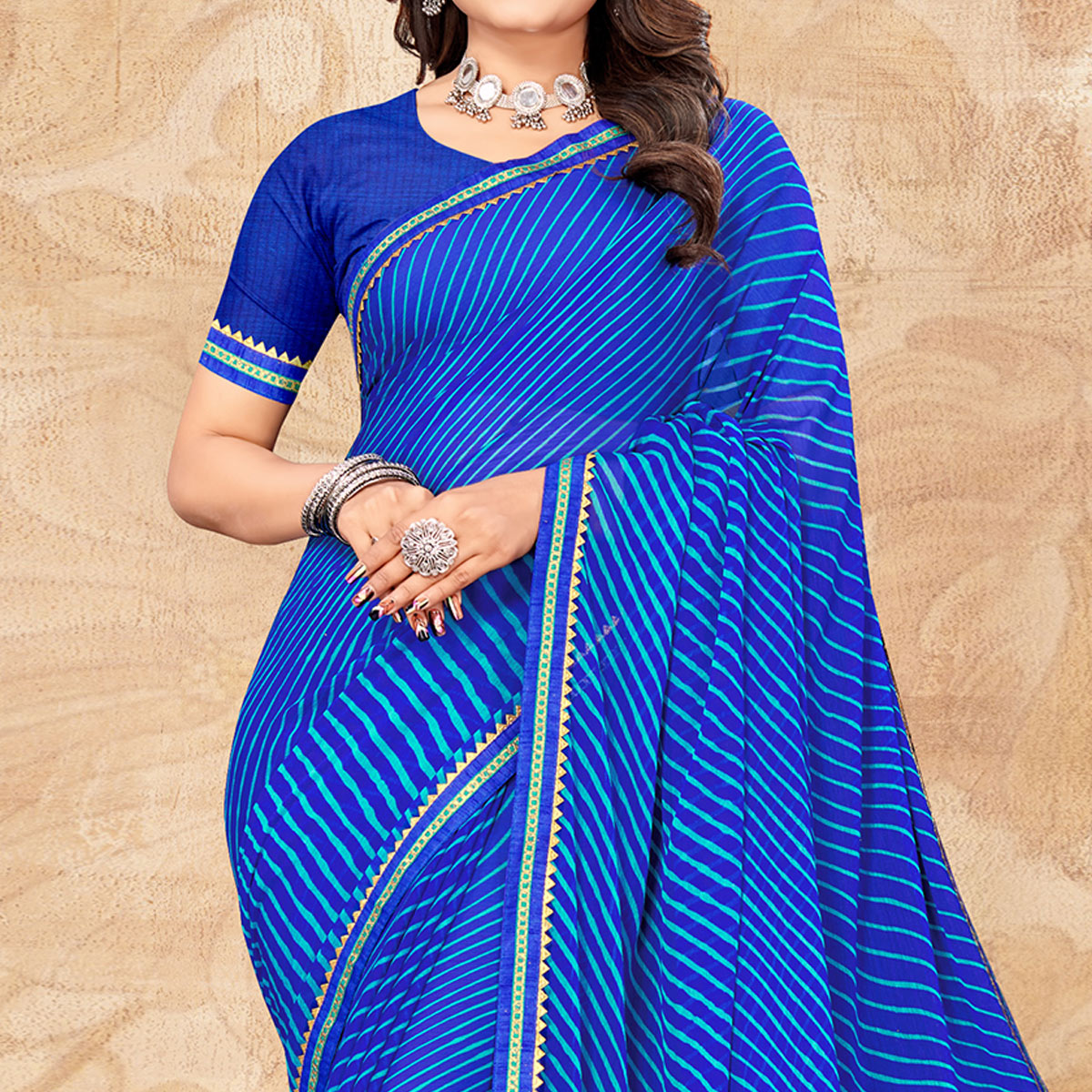 Royal Bue Digital Striped Printed Chiffon Saree With Tassels
