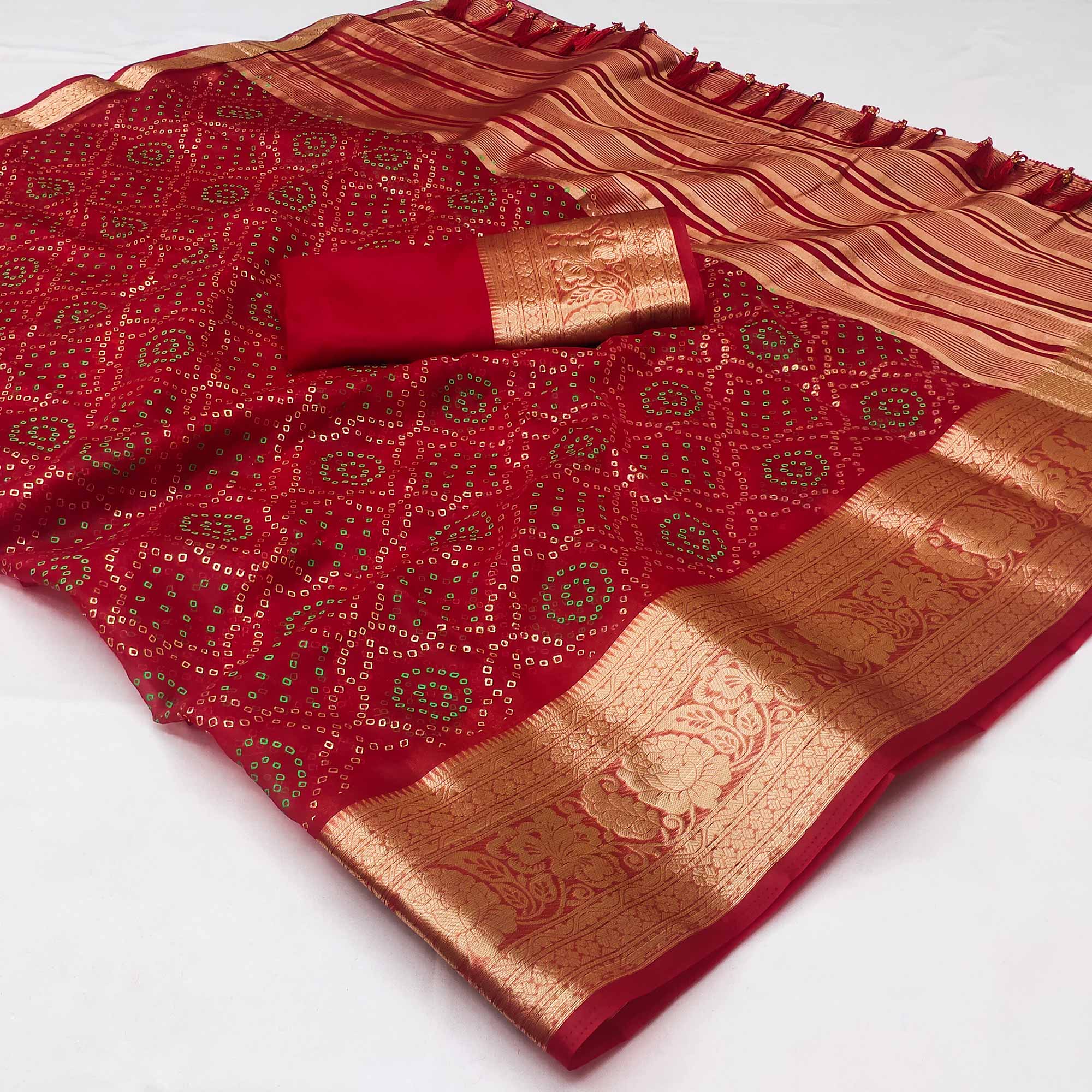 Red Bandhani Printed Organza Saree With Tassels