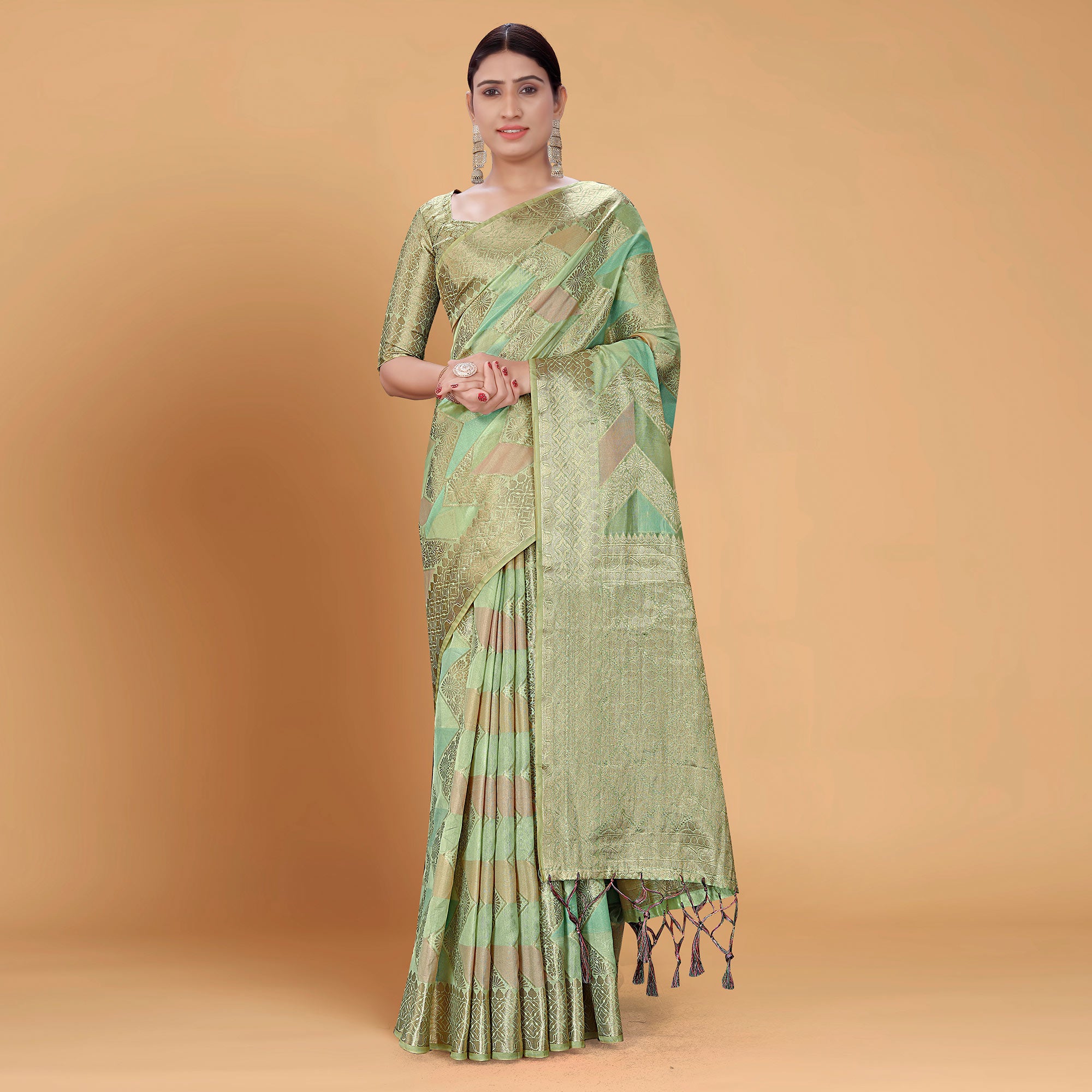 Green Woven Organza Saree With Tassels