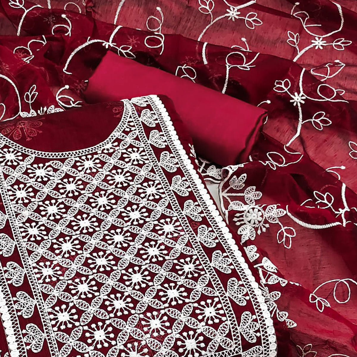 Maroon Floral Embroidered Chanderi Dress Material