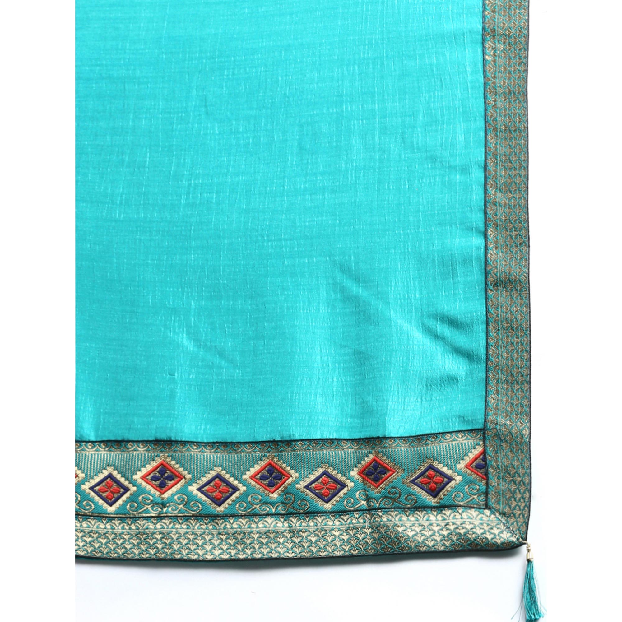 Turquoise Blue Solid Vichitra Silk Saree With Fancy Border