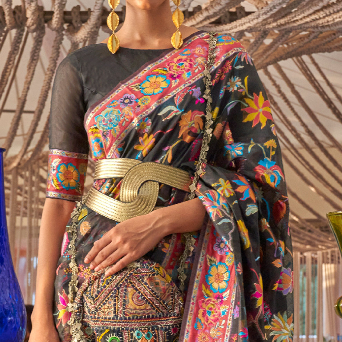 Black Floral Woven Modal Saree