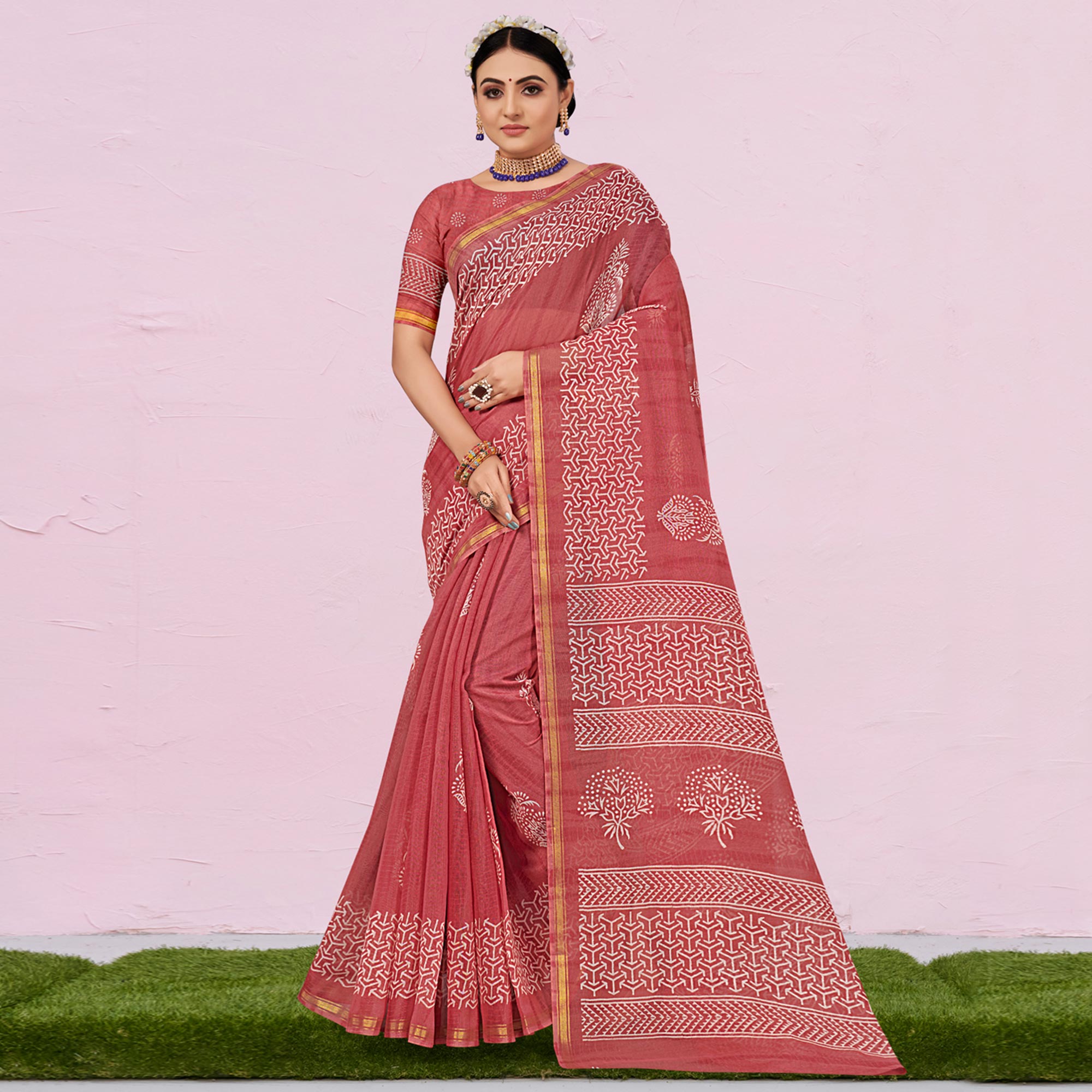 Red Printed Cotton Saree