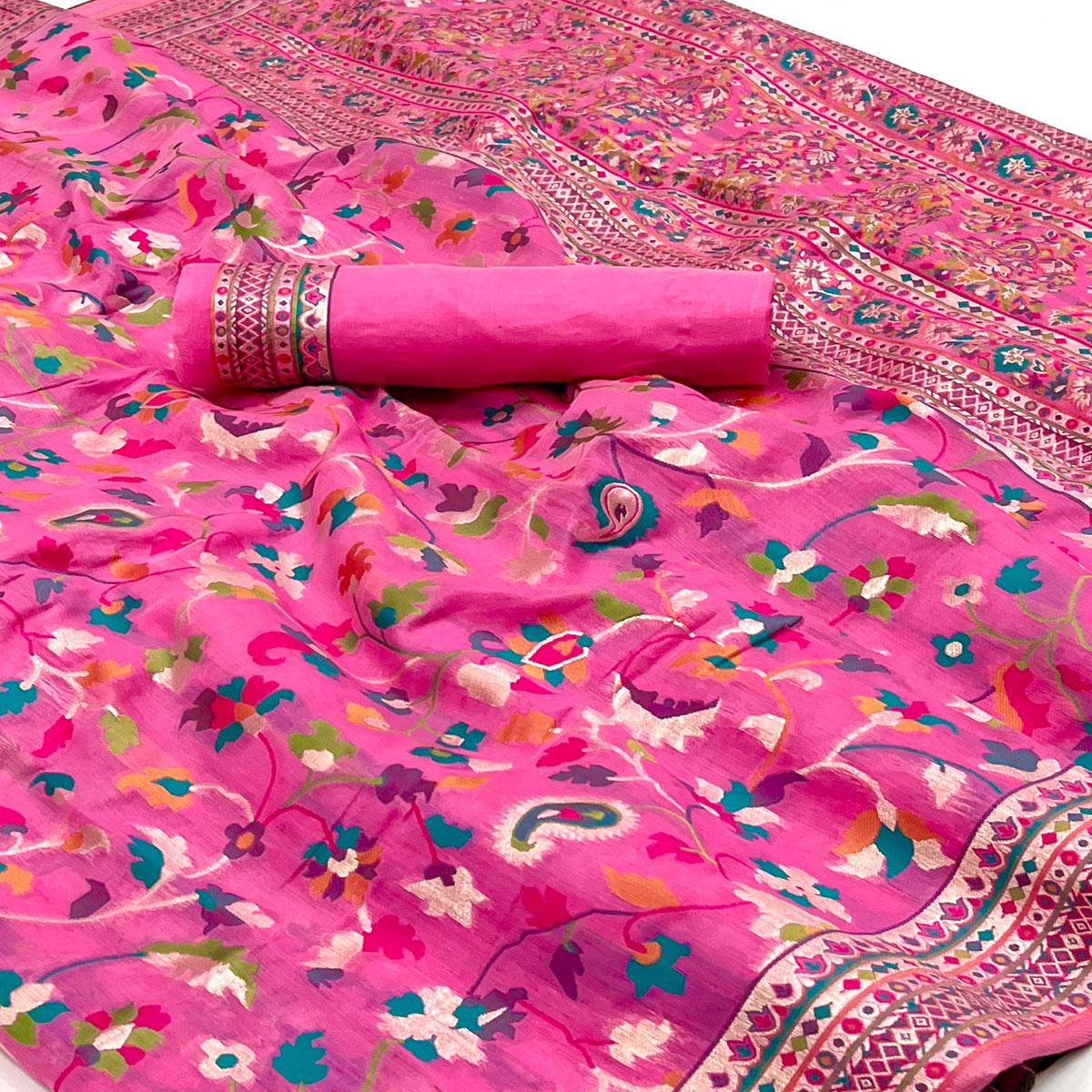 Rani Pink Floral Woven Pashmina Saree