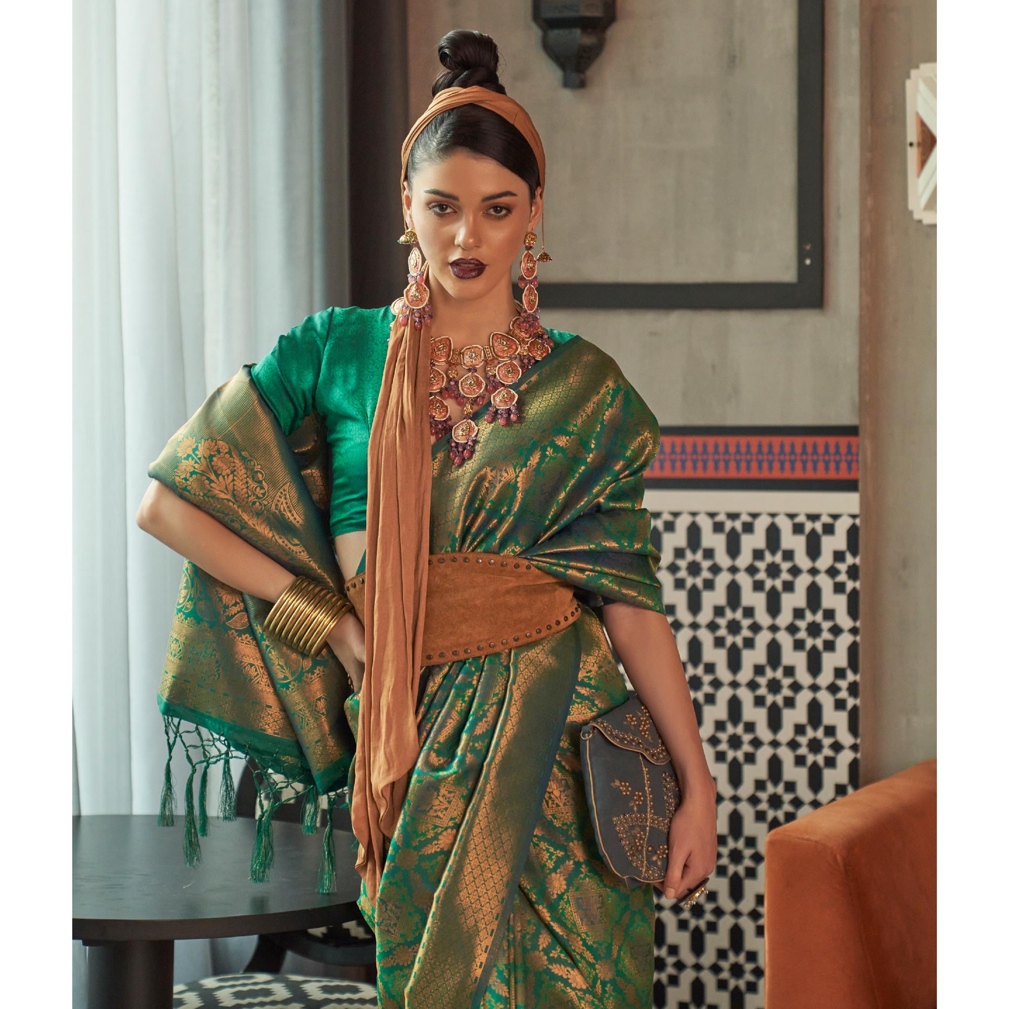 Green Woven Art Silk Saree With Tassels
