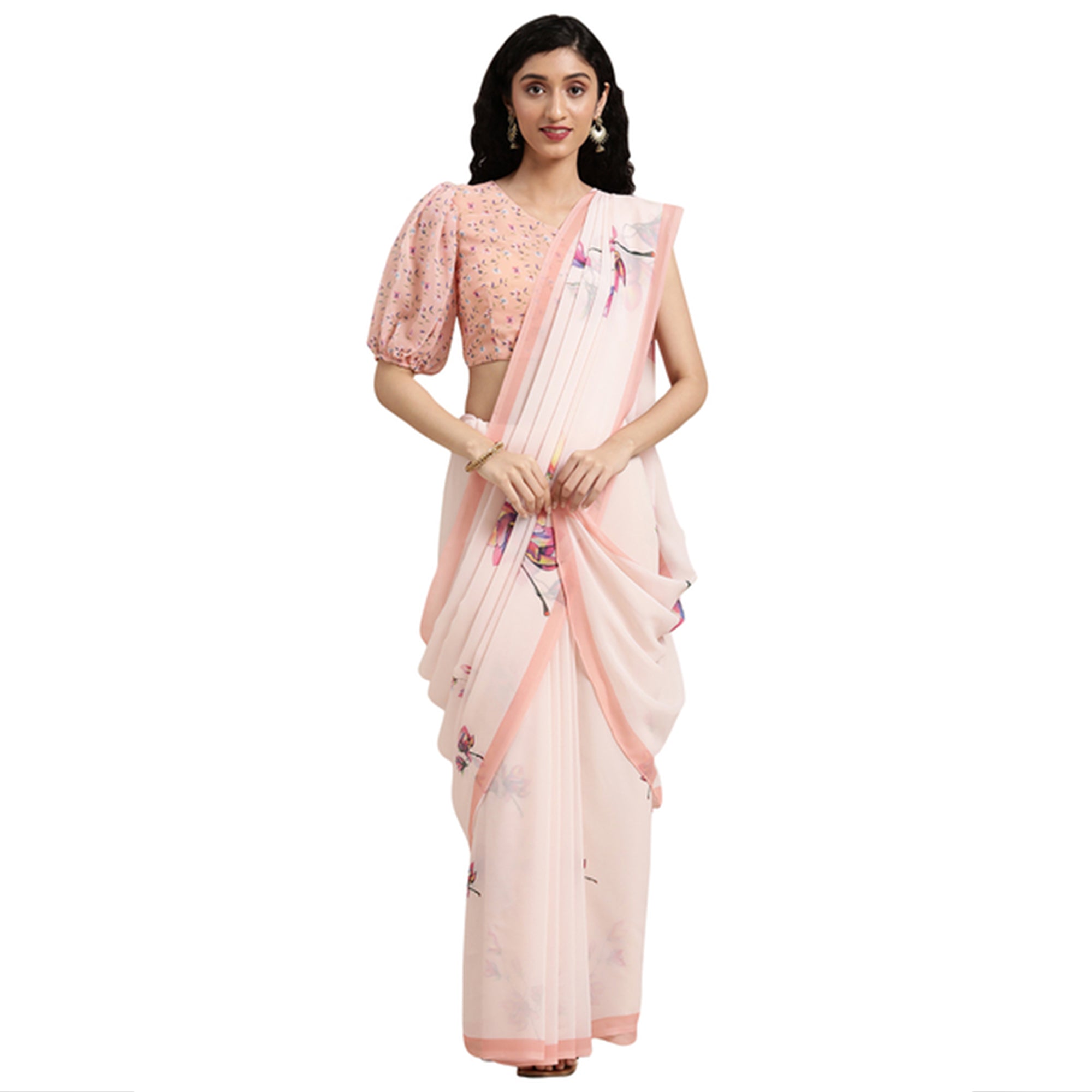 Peach Floral Digital Printed Georgette Saree