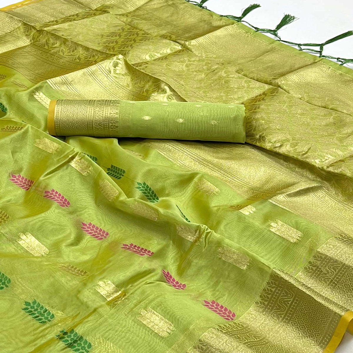 Green Floral Woven Organza Saree