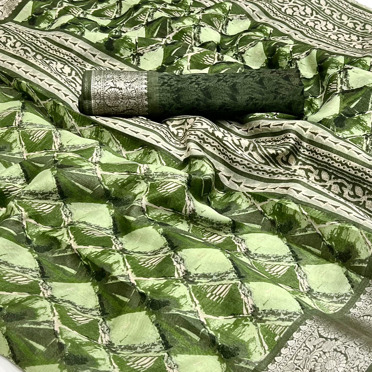 Pista Green Floral Printed With Woven Dola Silk Saree