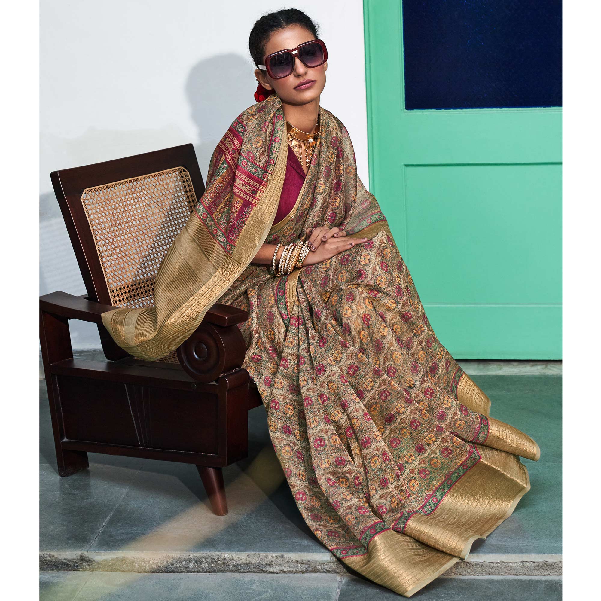 Multicolor Digital Printed Linen Saree