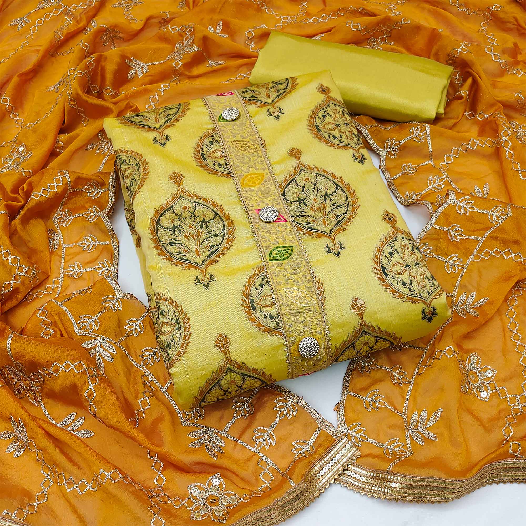 Yellow Embroidered Chanderi Dress Material