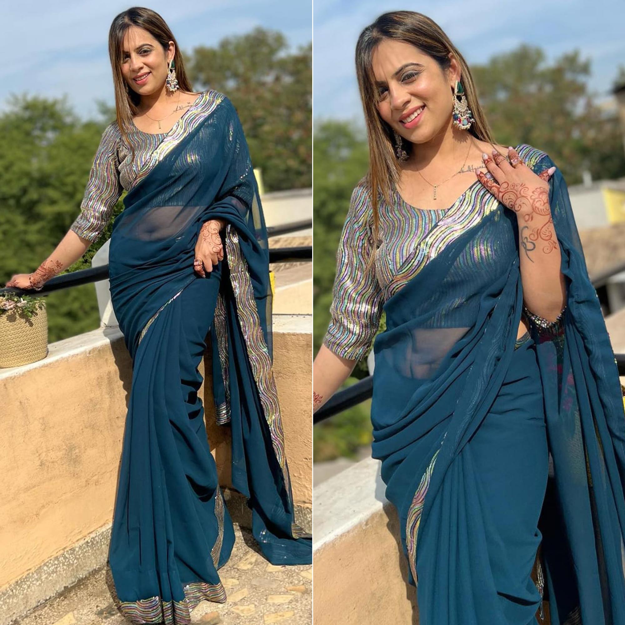 Blue Sequins Work Georgette Saree