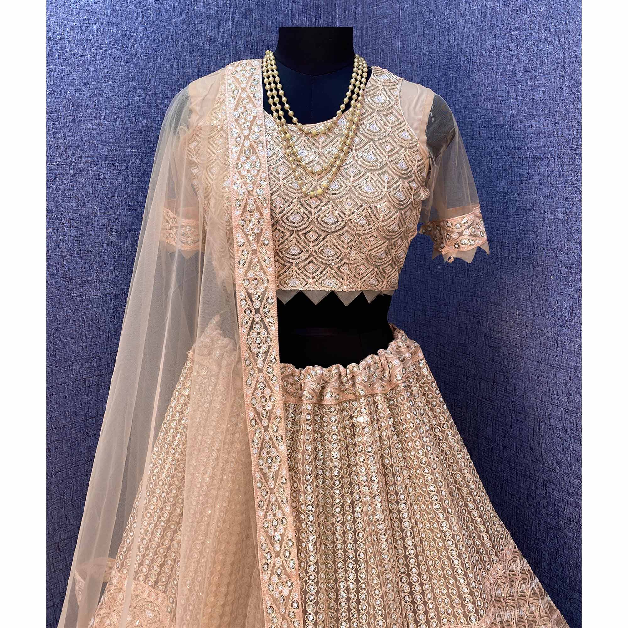 Brown Sequins Embroidered Netted Lehenga Choli