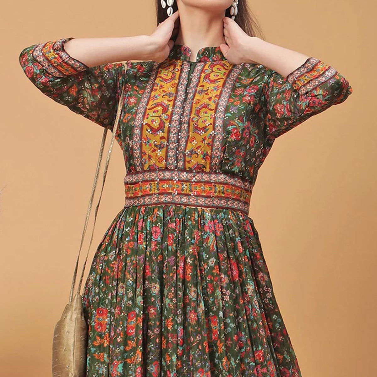 Olive Green Digital Printed Dola Silk Gown