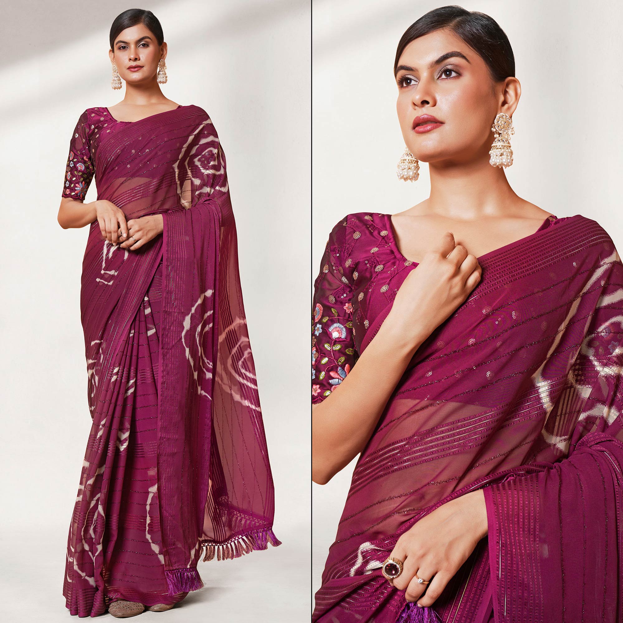 Wine Printed Wiht Embroidered Georgette Saree