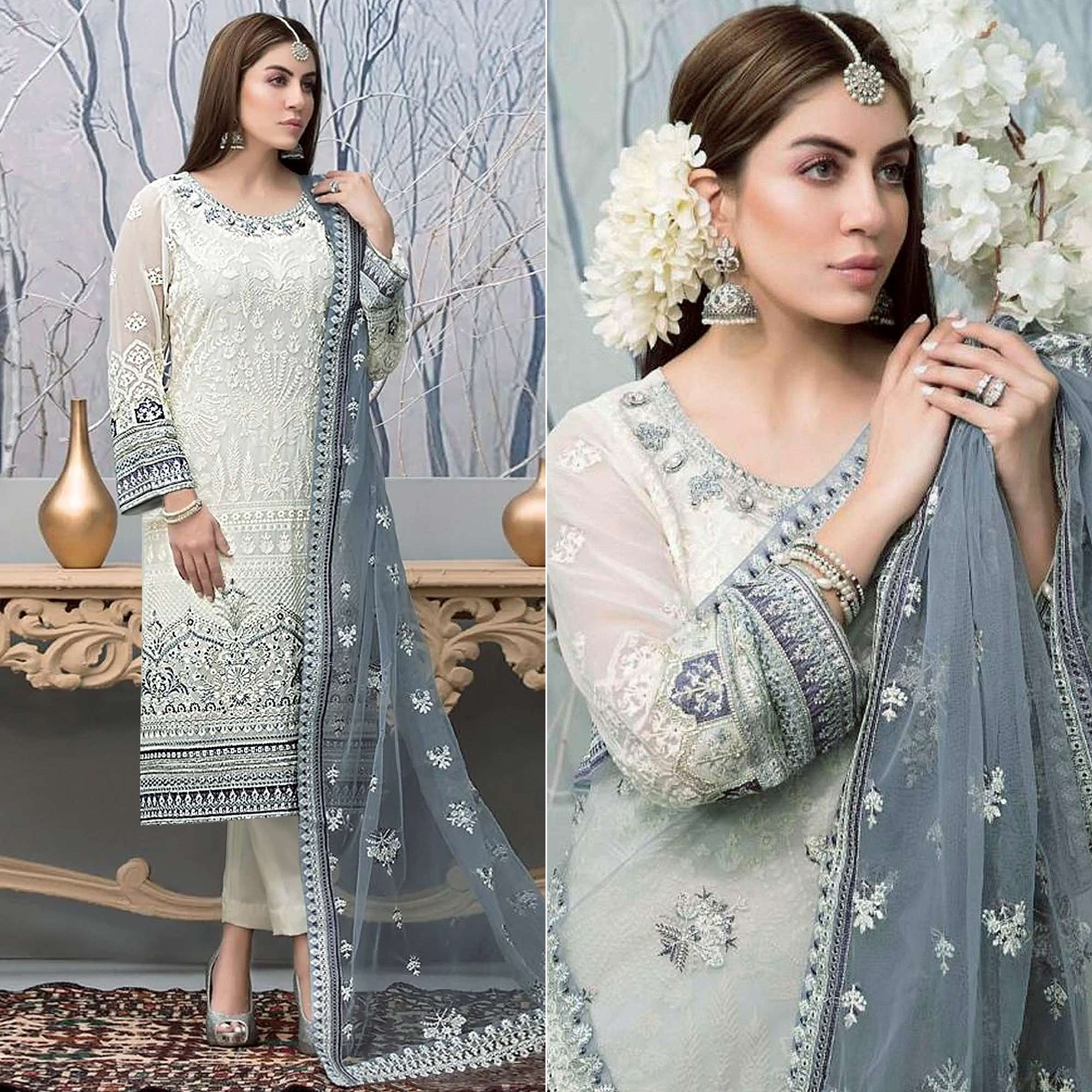 White Embroidered Georgette Pakistani Suit