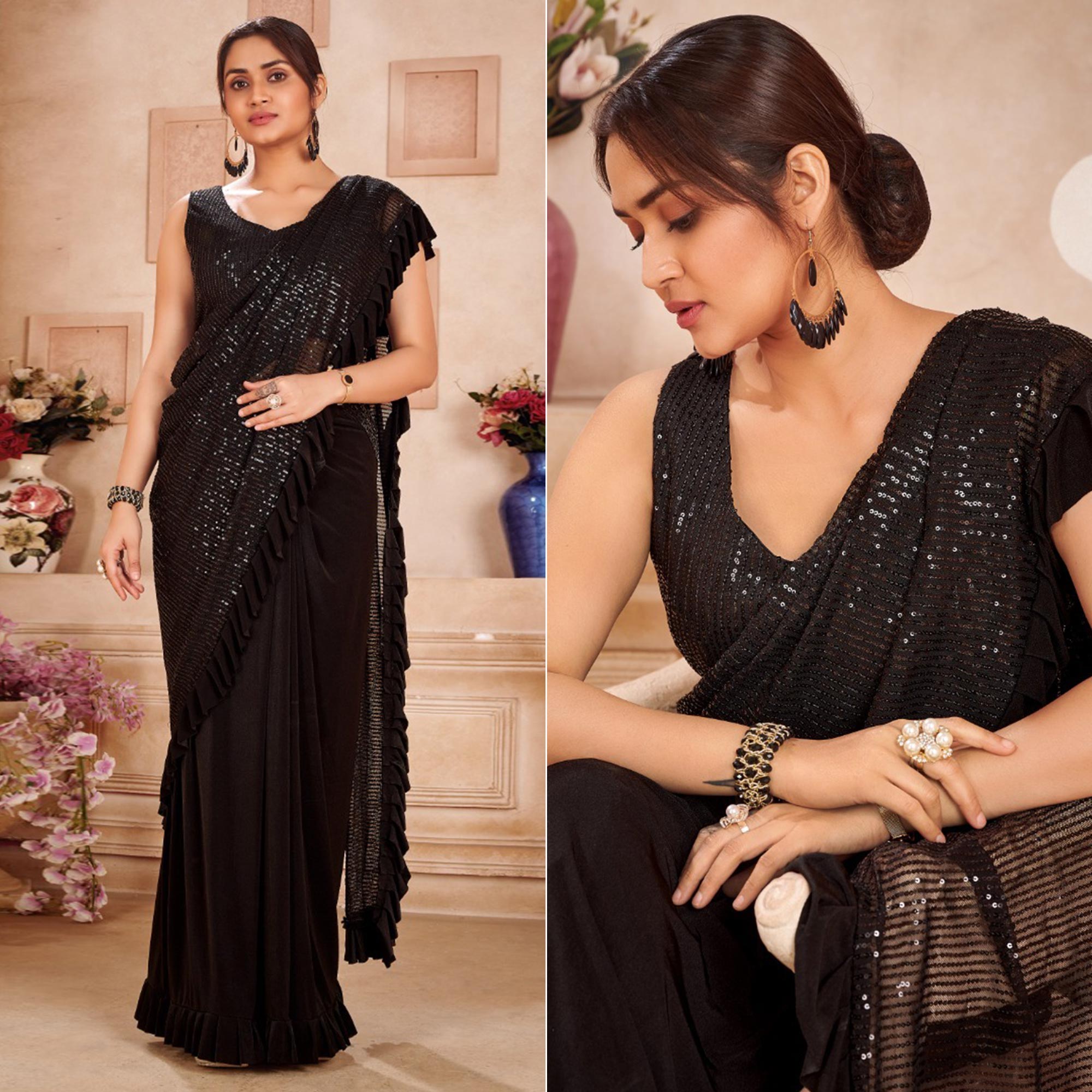 Black Sequins Embroidered Ready to Wear Lycra And Netted Saree