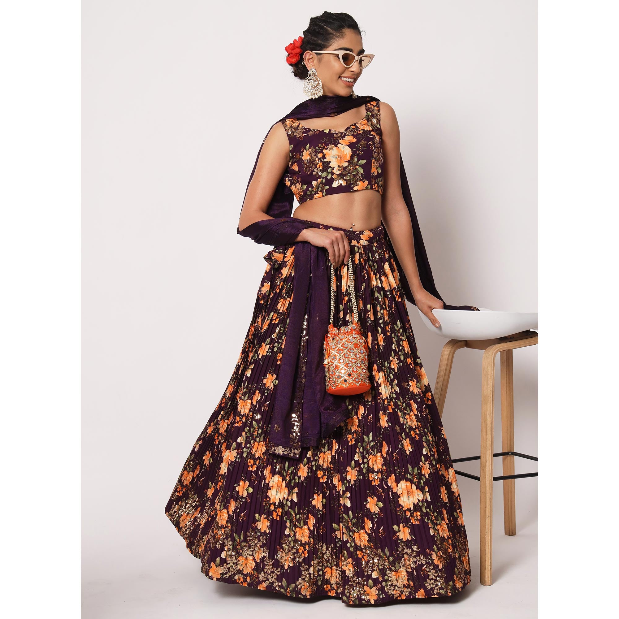 Wine Floral Printed Art Silk Lehenga Choli