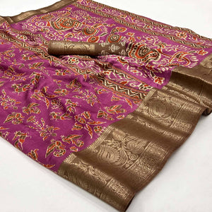 Magenta Purple Printed With Woven Border Dola Silk Saree