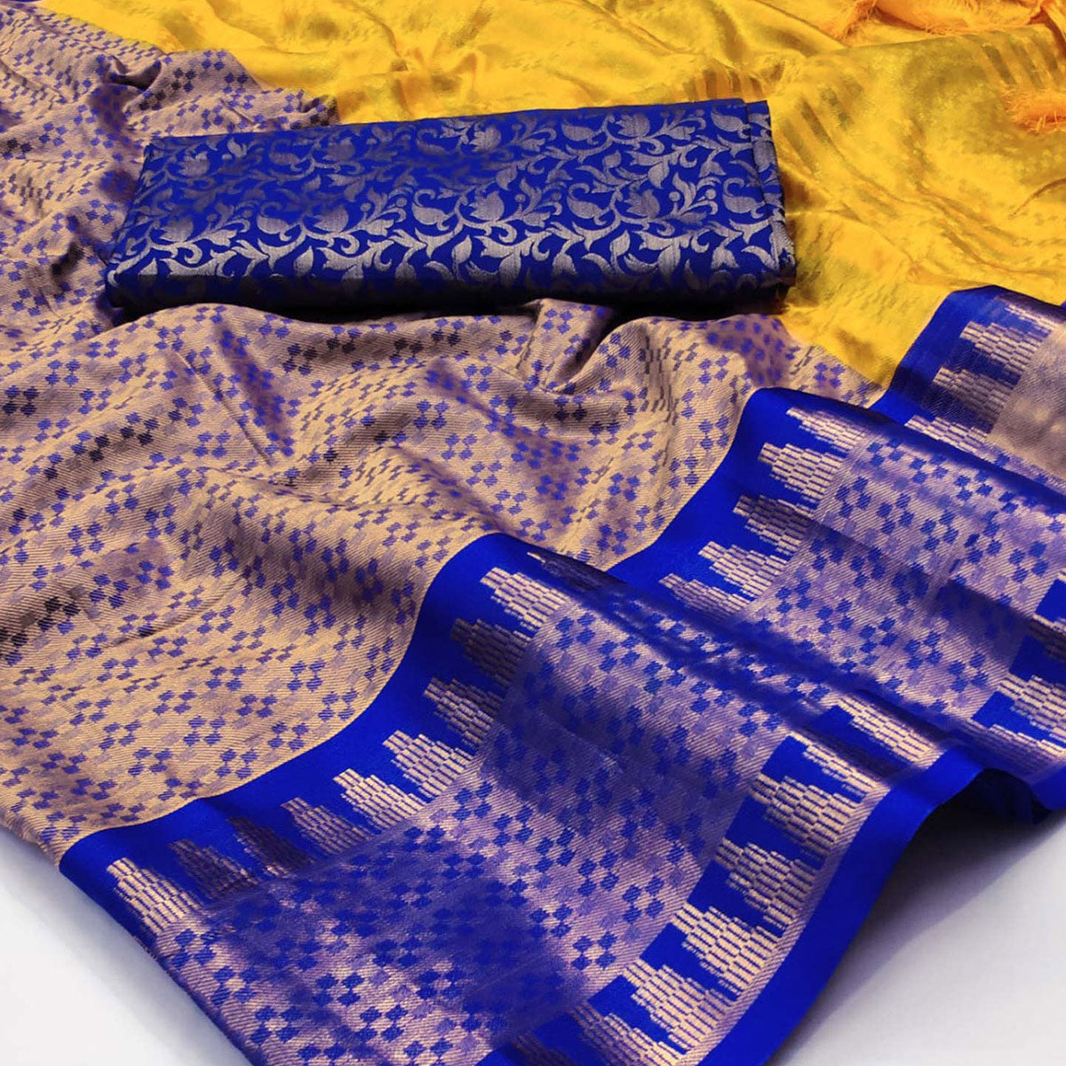 Golden Woven Cotton Silk Saree With Tassels