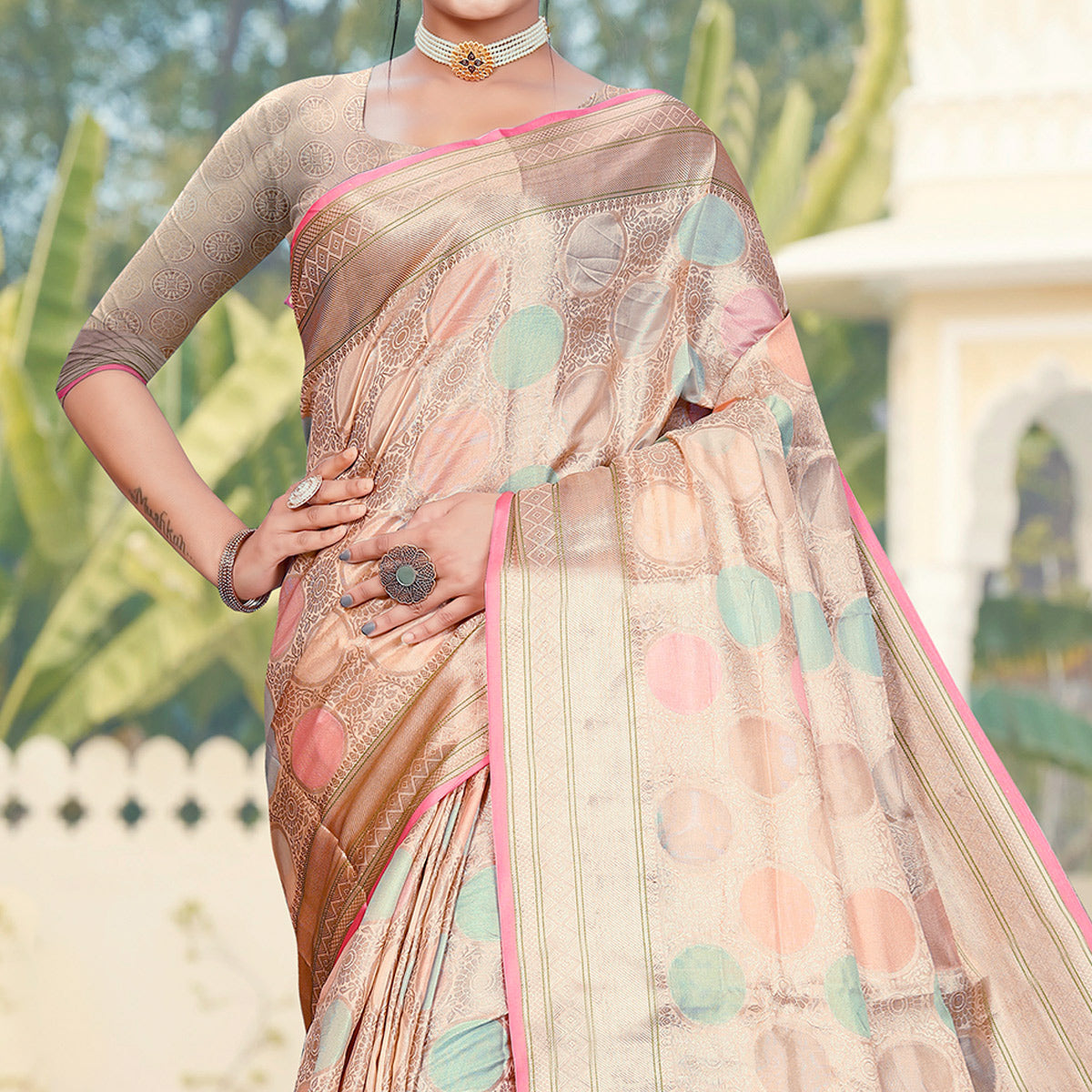 Peach Floral Woven Organza Saree With Tassels