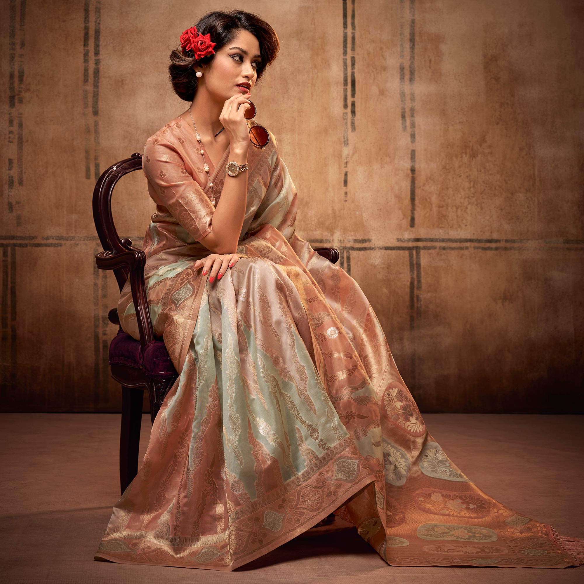 Peach & Green Woven Organza Saree