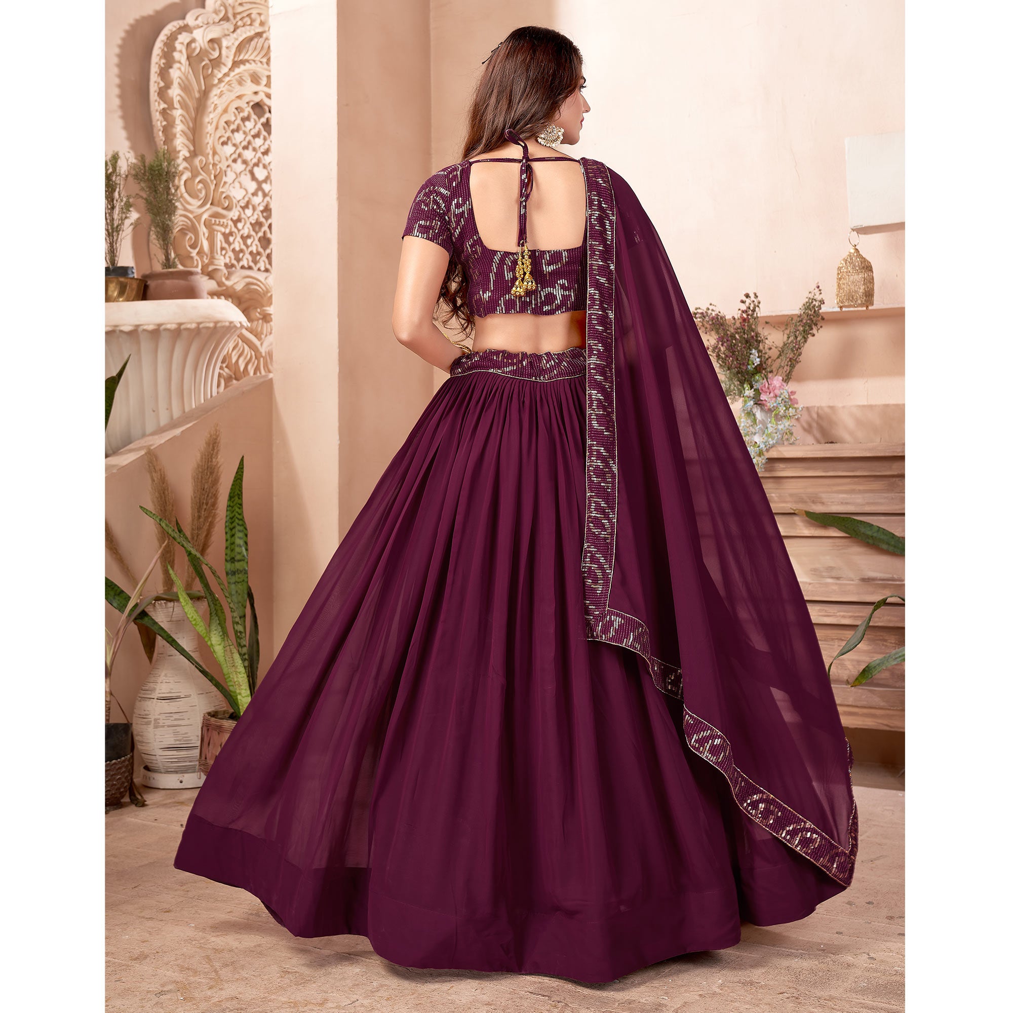 Purple Sequins Embroidered Georgette Lehenga Choli