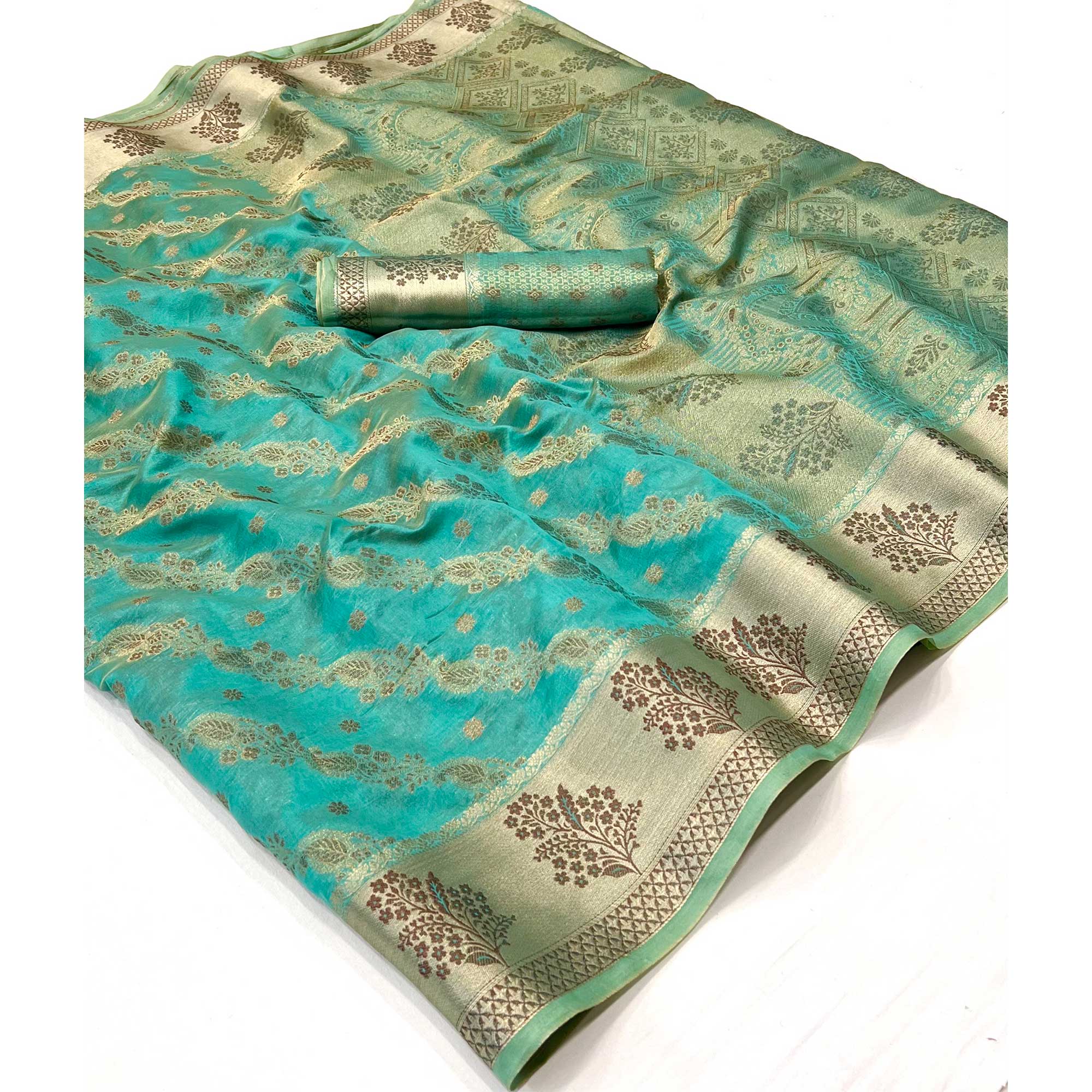 Rama Green Floral Woven Organza Saree