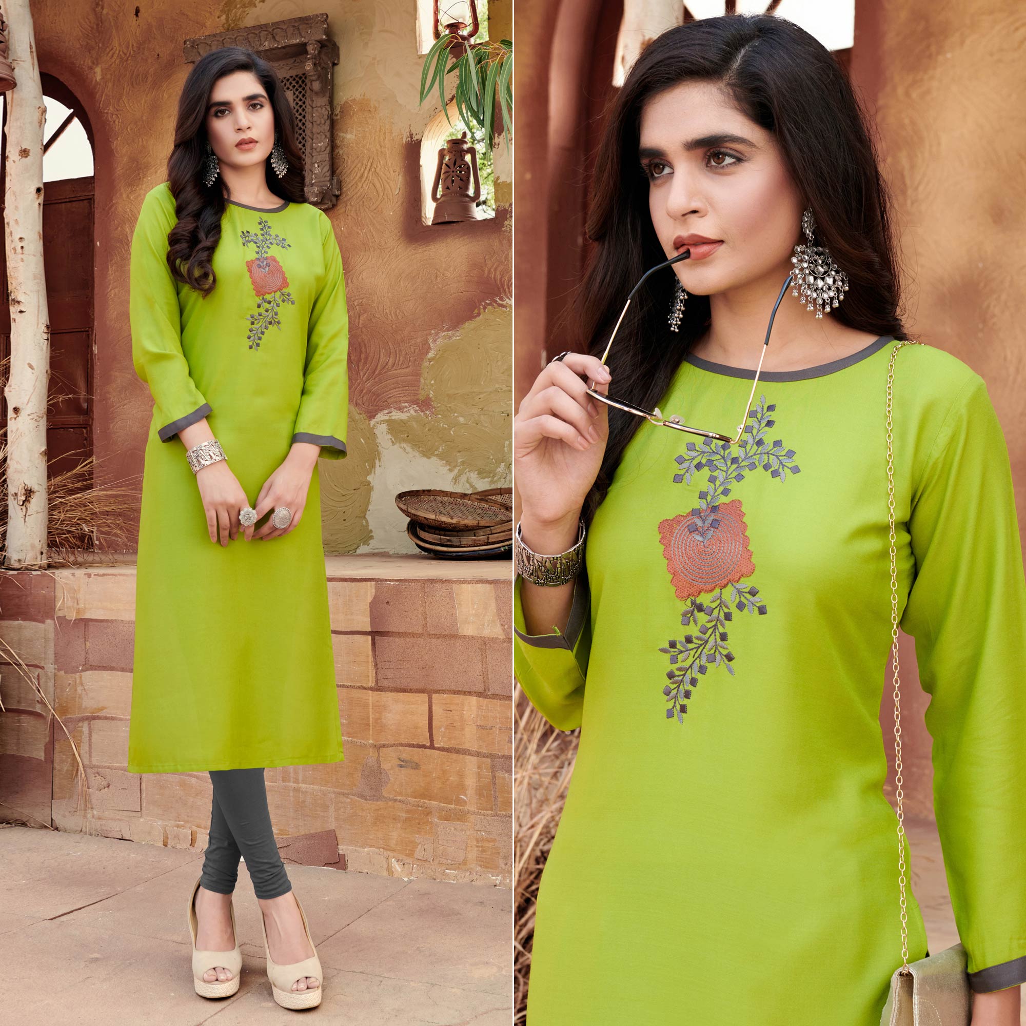 Green Floral Embroidered Rayon Kurti