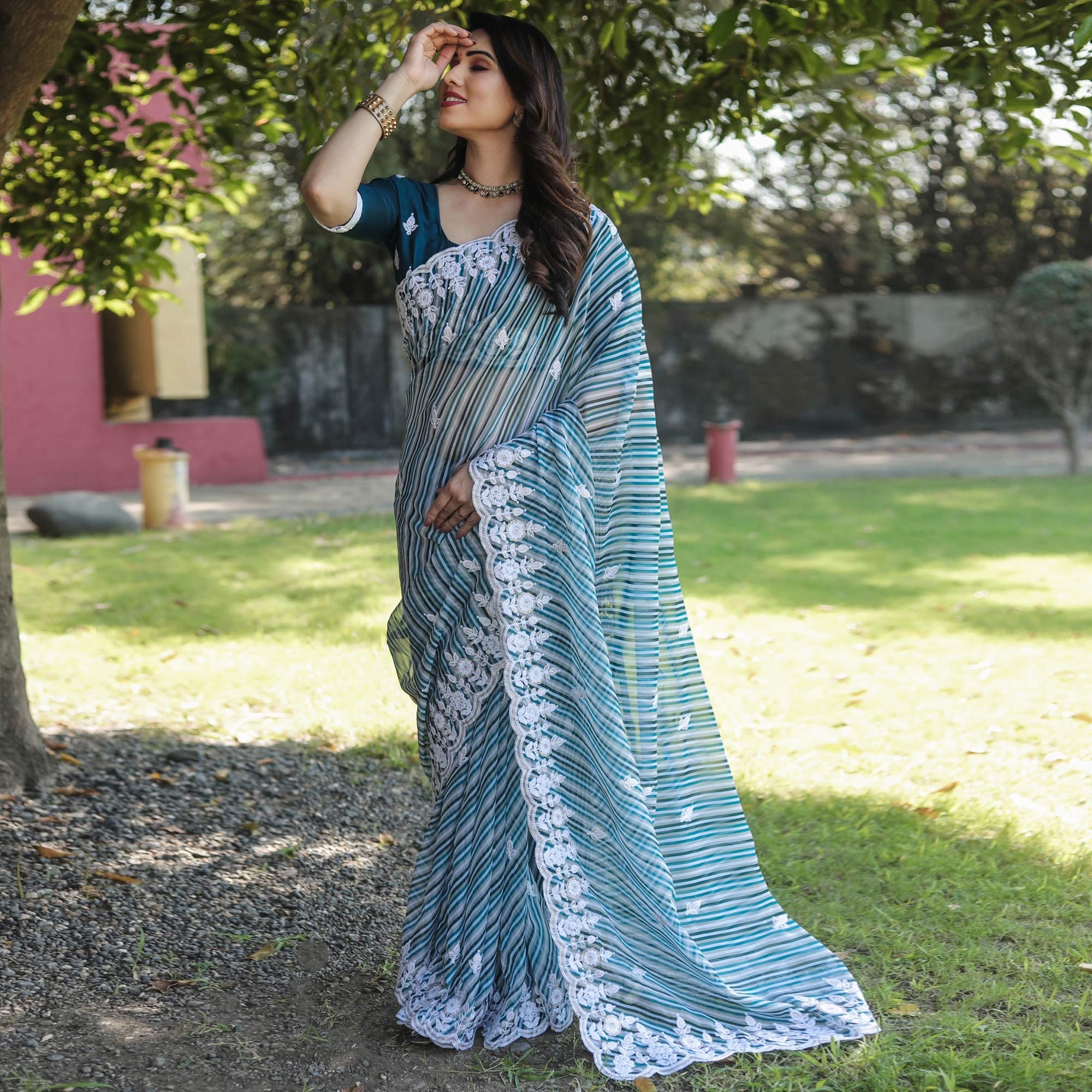 Blue Digital Printed With Embroidered Organza Saree