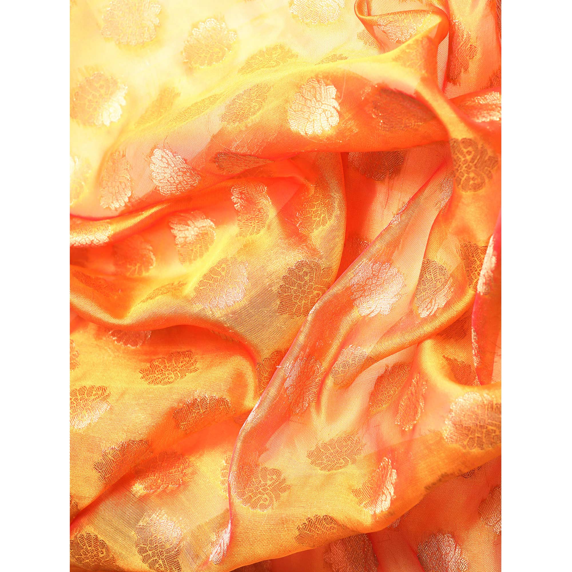 Orange Woven Organza Silk Saree With Tassels