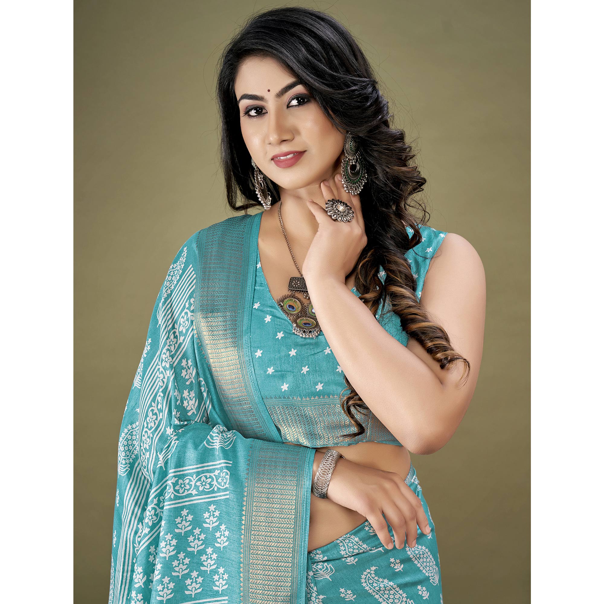 Blue Floral Printed Dola Silk Saree