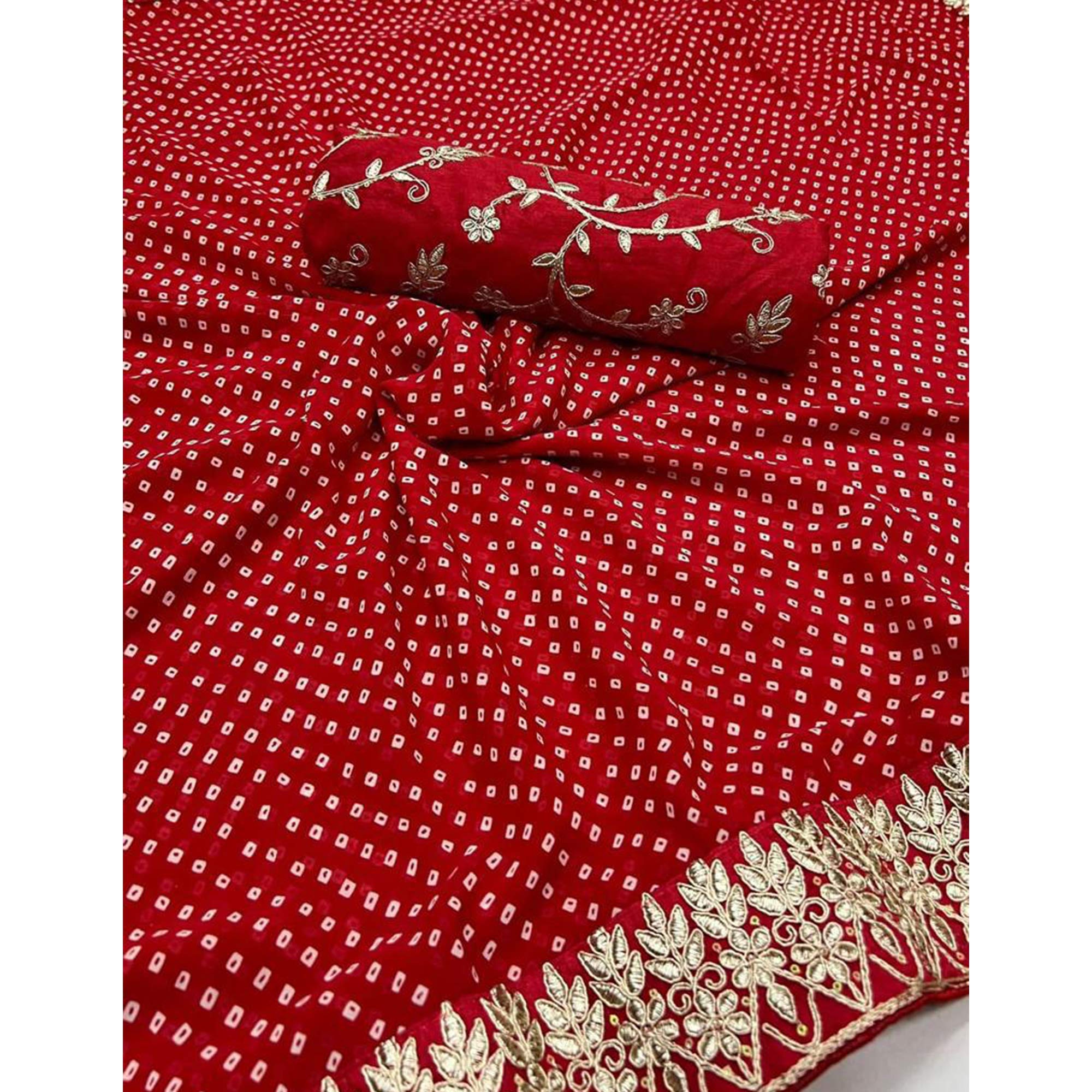 Red Bandhani Printed With Embroidered Border Georgette Saree