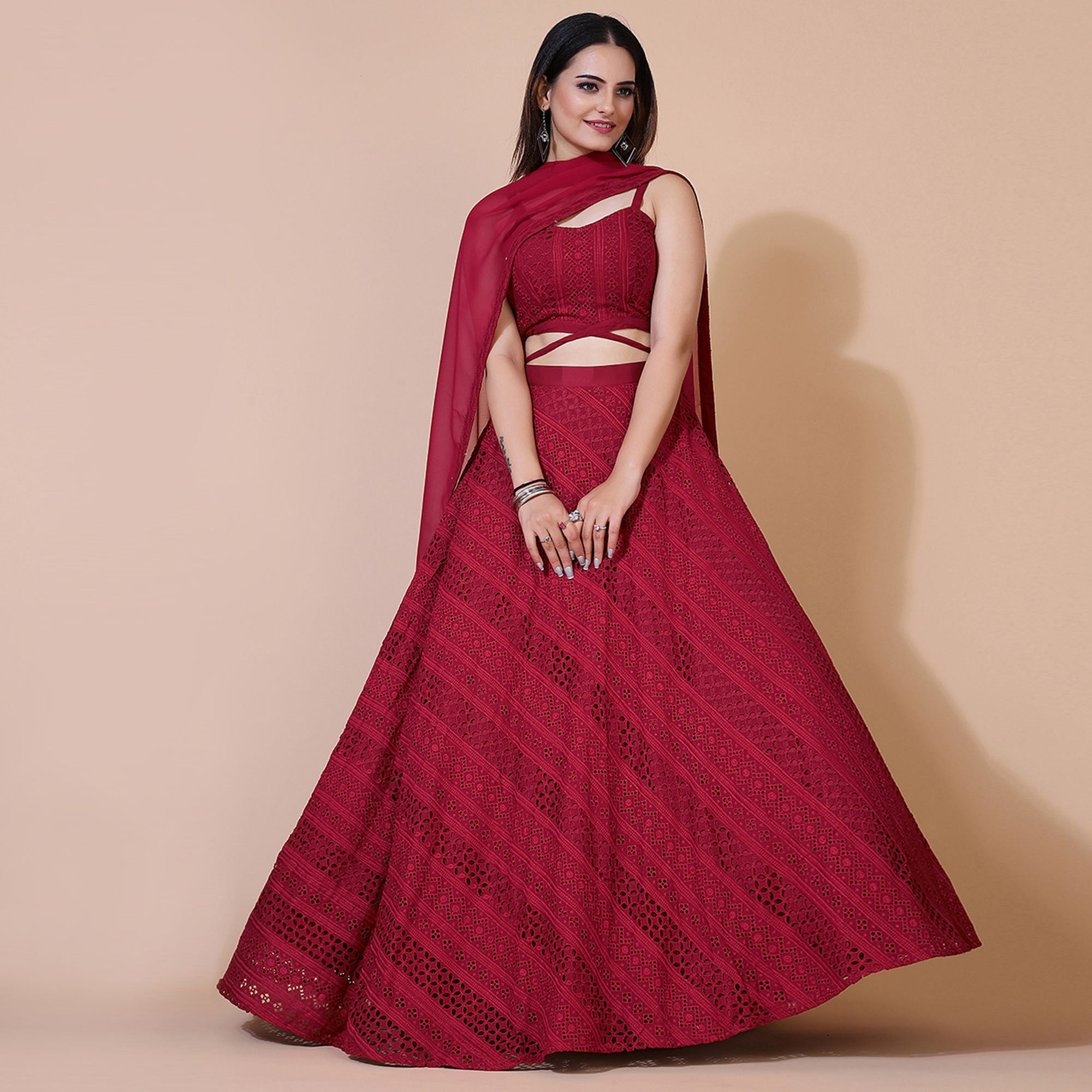 Maroon Lucknowi Chikankari Work Rayon Lehenga Choli