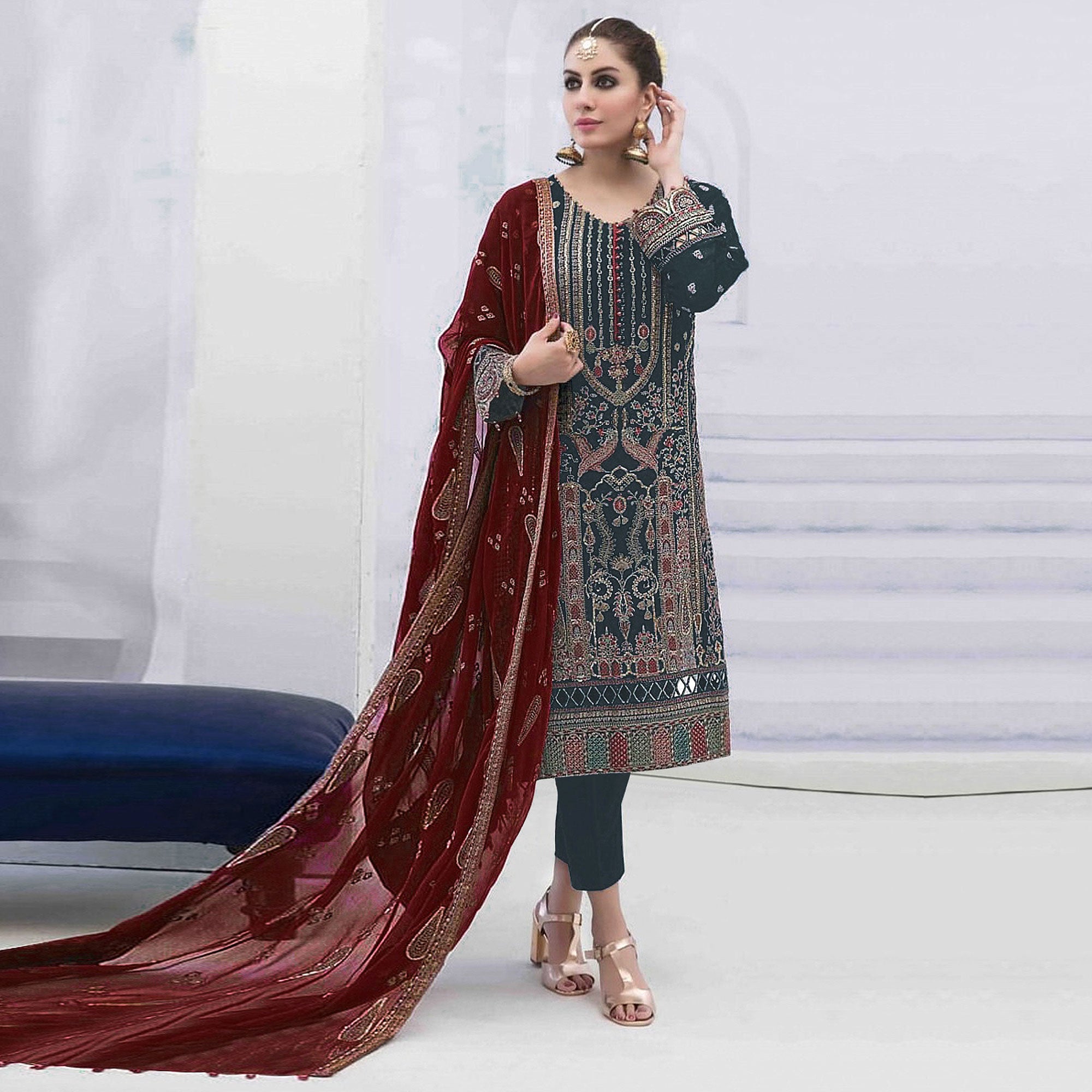 Grey Embroidered Georgette Semi Stitched Pakistani Suit