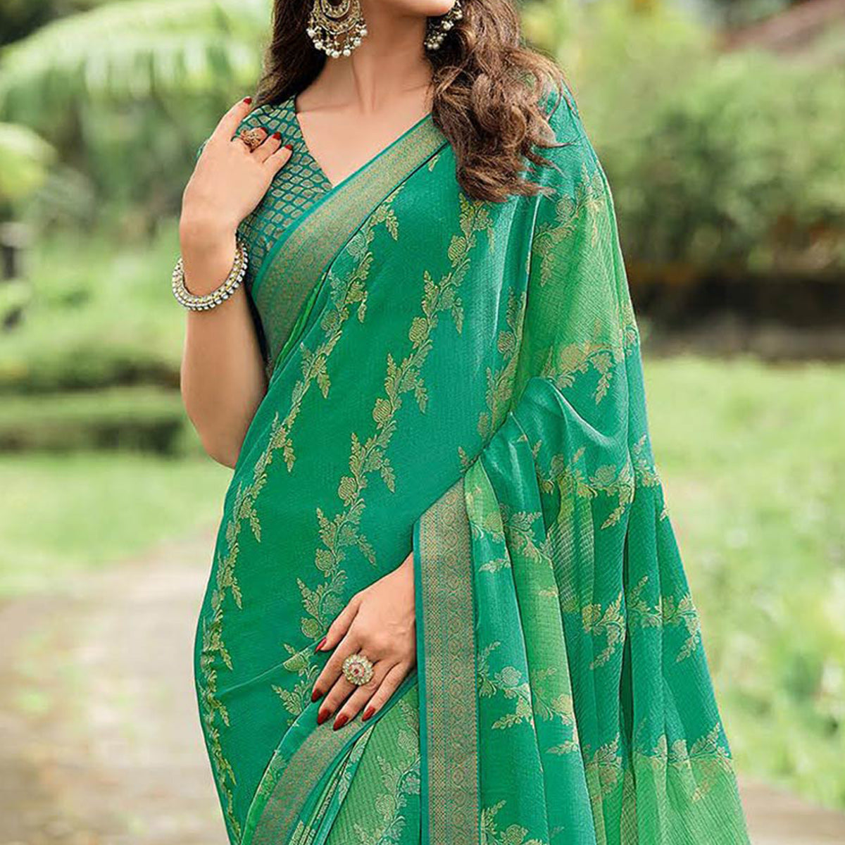 Rama Green Foil Printed Chiffon Saree