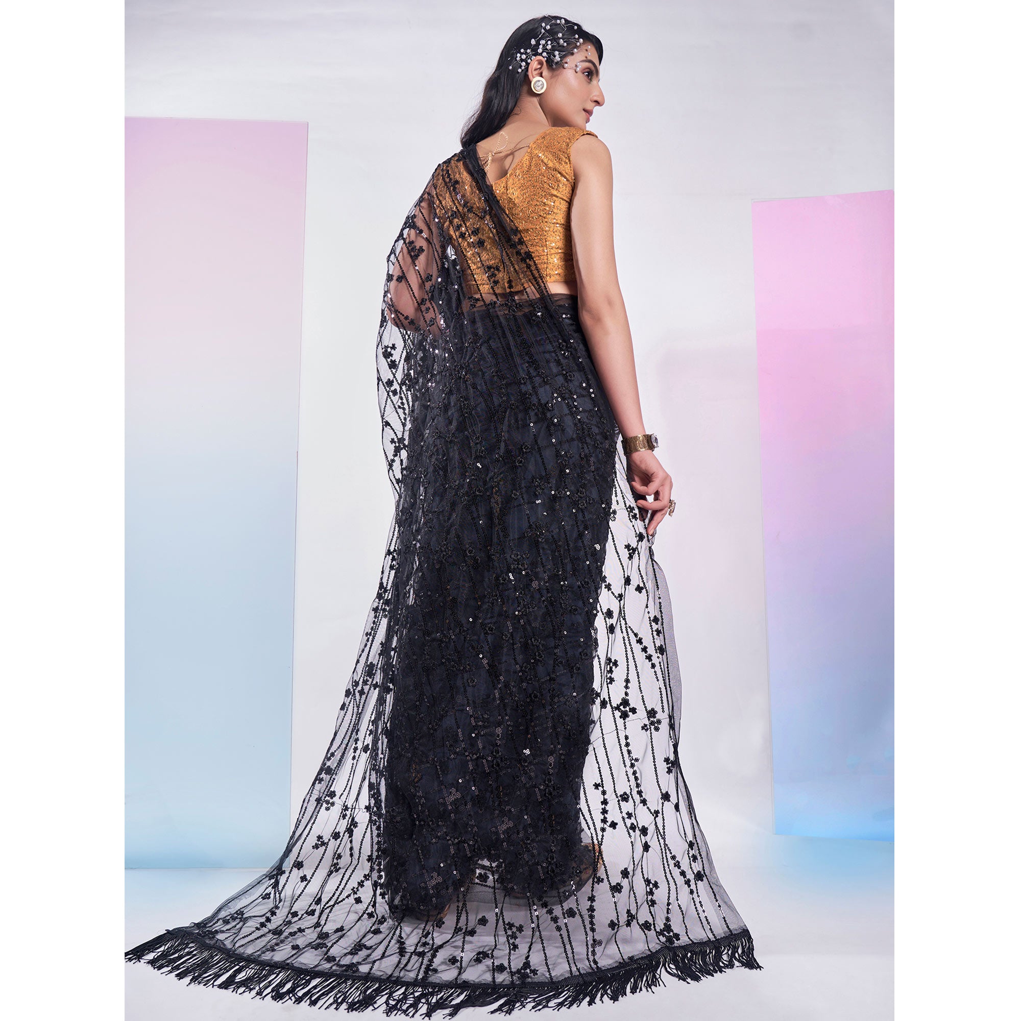 Black Floral Sequins Embroidered Soft Net Saree