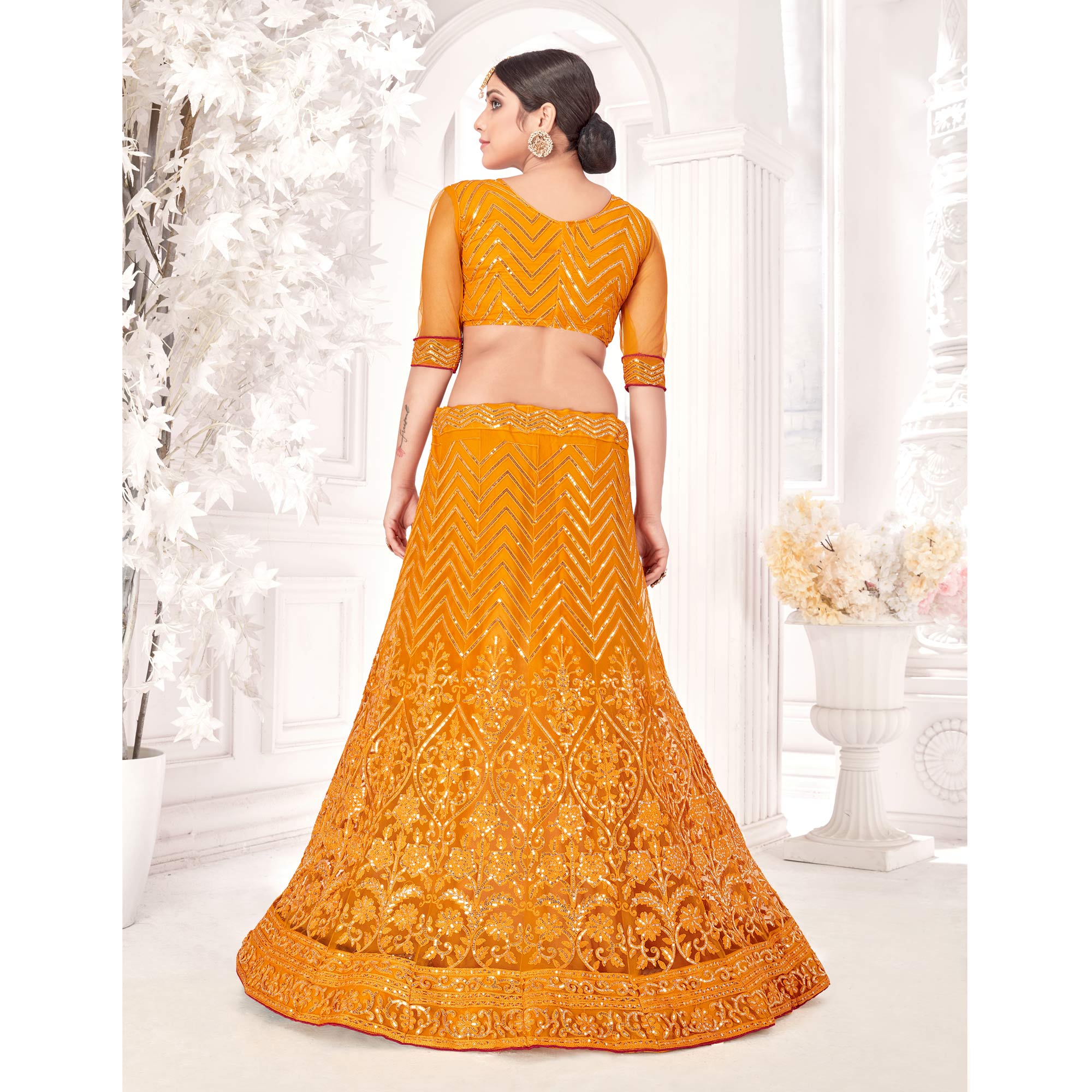 Mustard Sequins Embroidered Netted Lehenga Choli