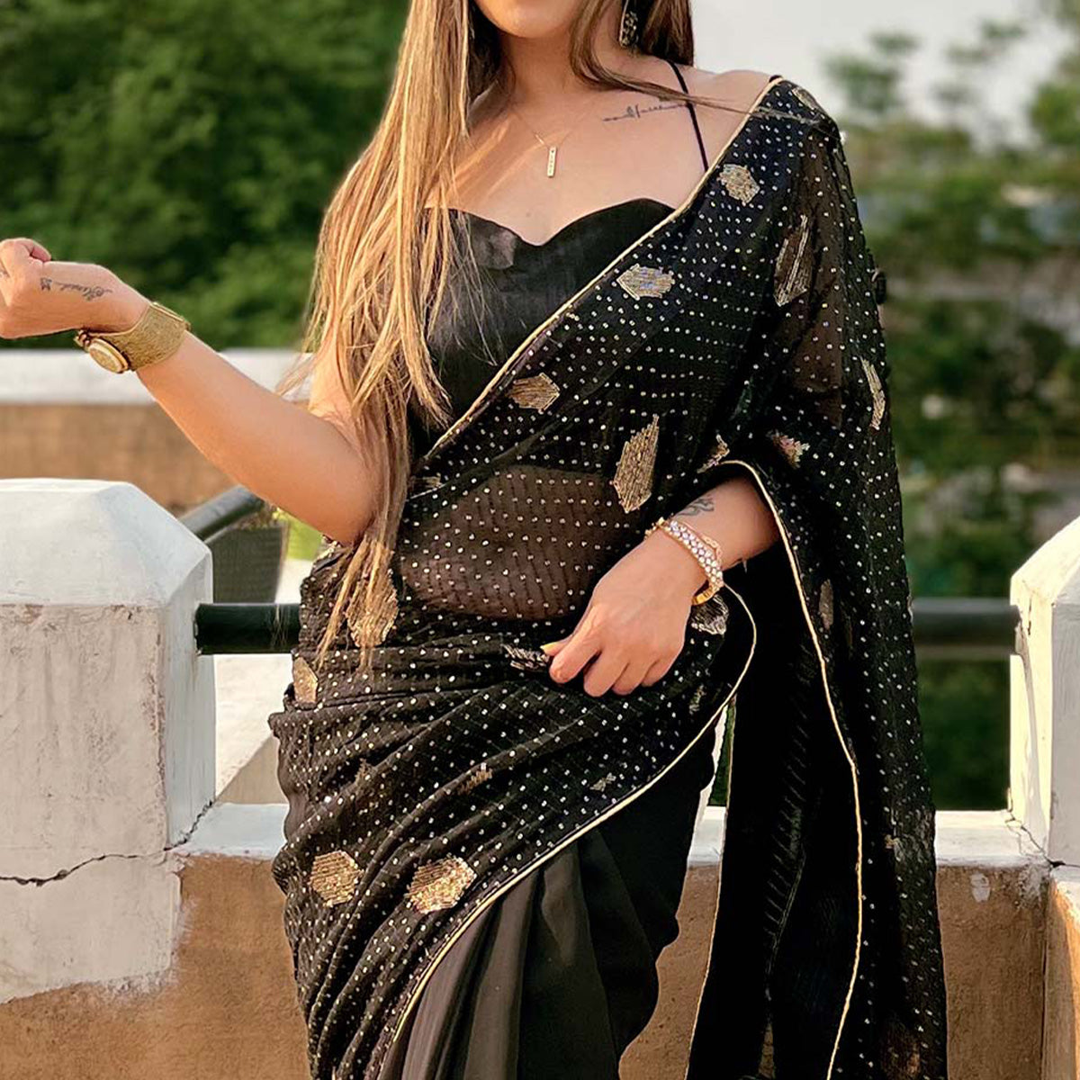 Black Sequins Embroidered Georgette Saree