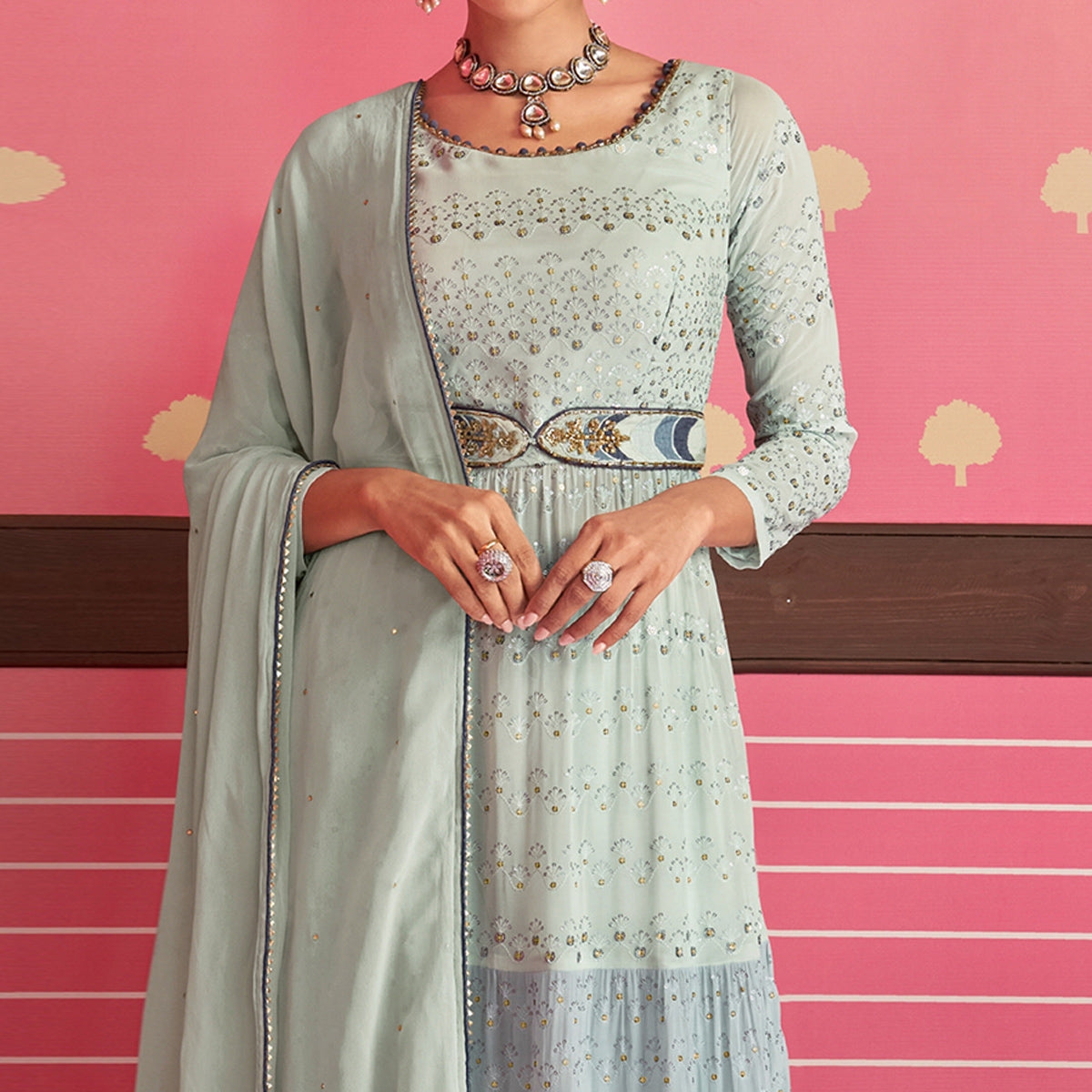 Grey Sequins Embroidered Georgette Naira Cut Sharara Suit