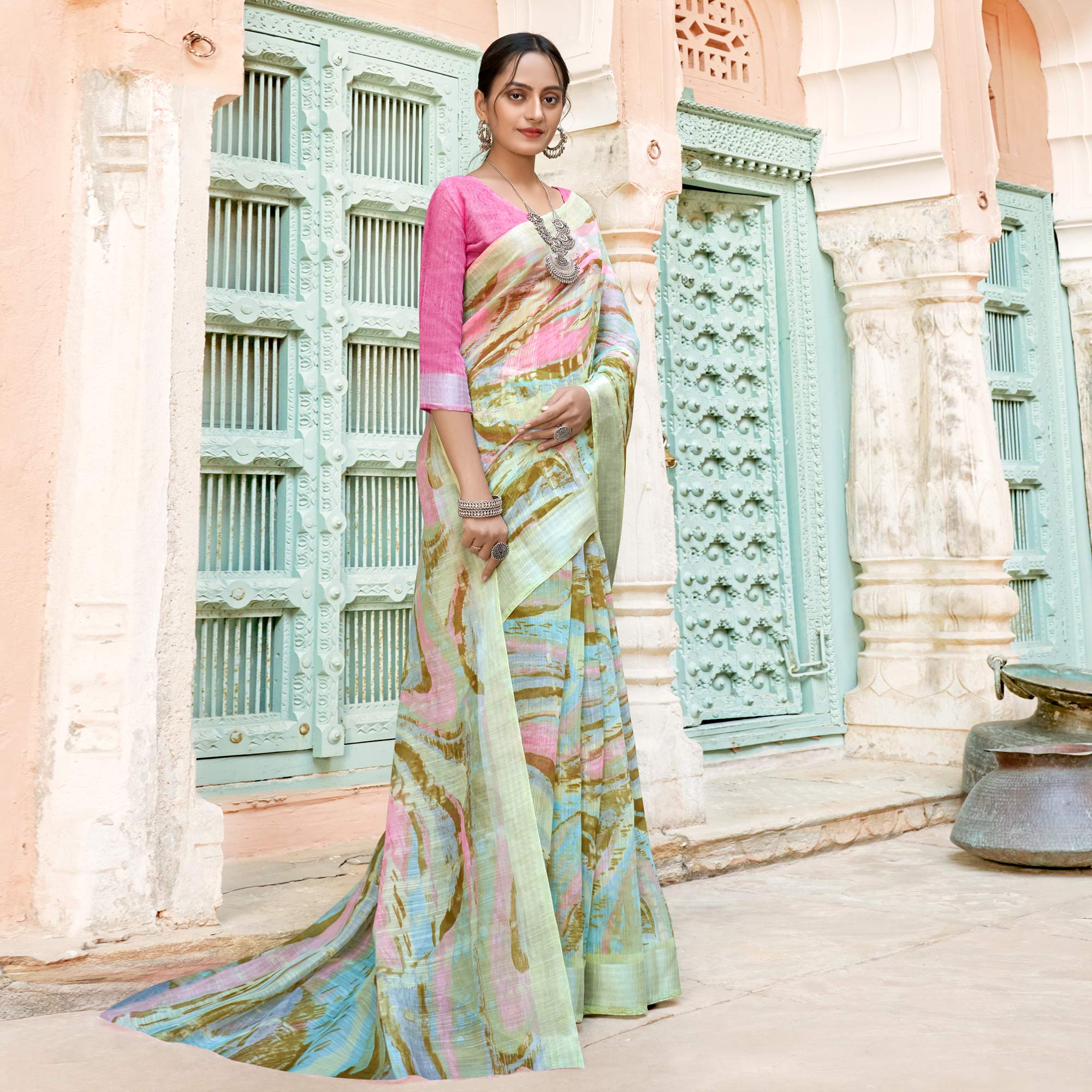 Multicolor Printed Cotton Blend Saree