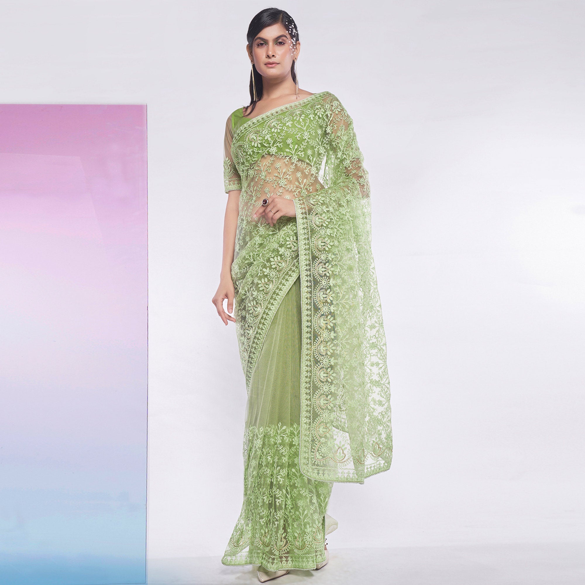 Green Floral Embroidered Net Saree