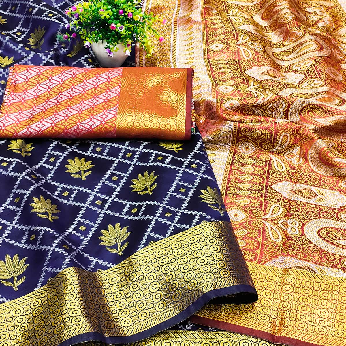 Navy Blue Floral Woven Banarasi Silk Saree