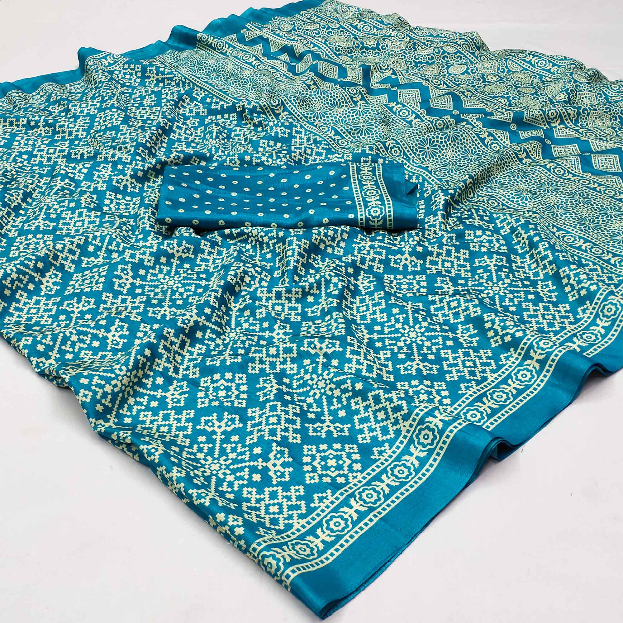 Blue Printed Art Silk Saree