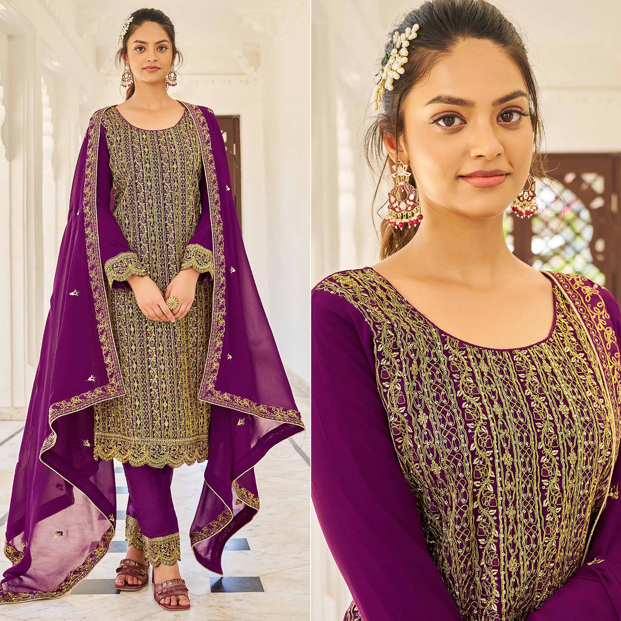 Purple Sequins Embroidered Georgette Suit