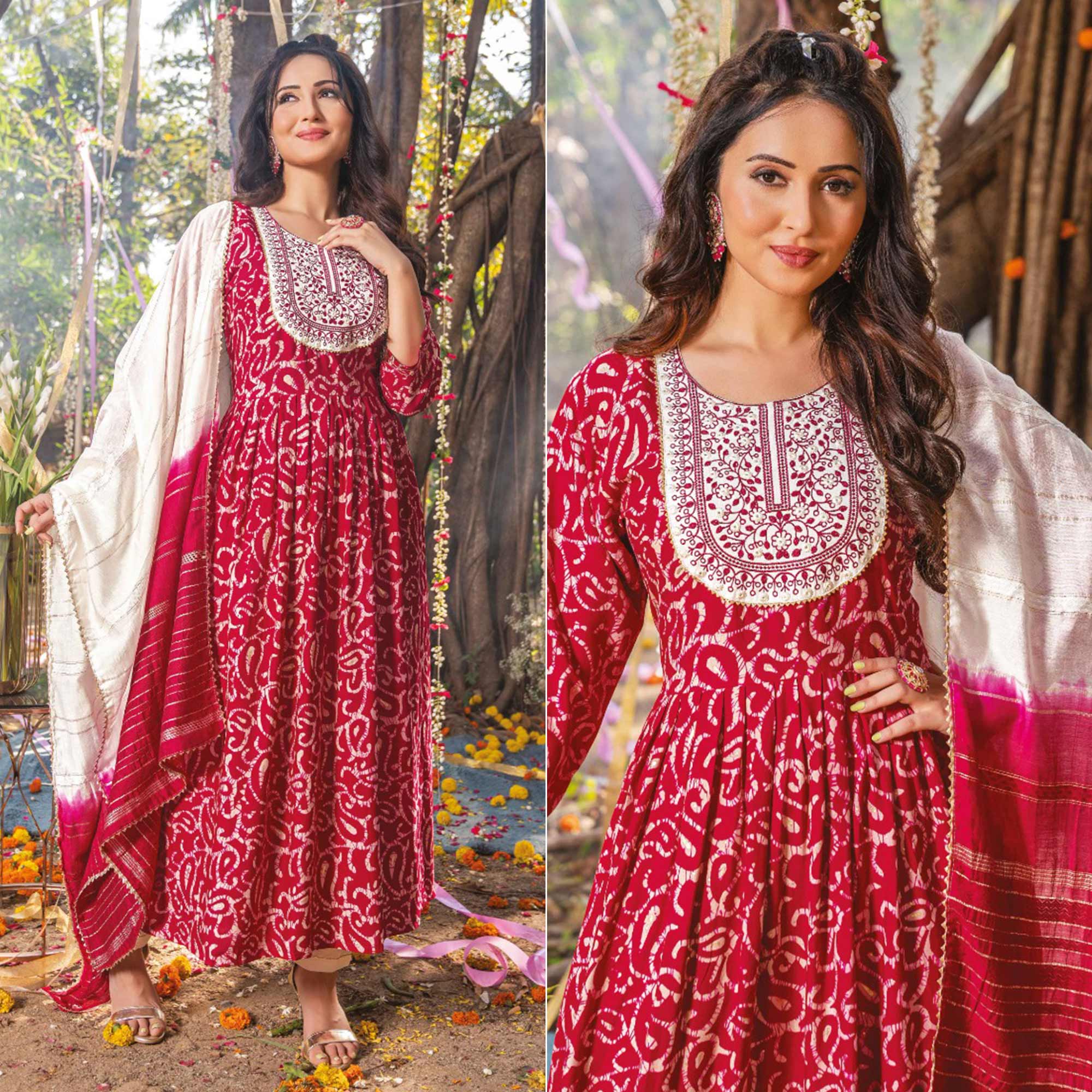 Pink Printed Rayon Naira Cut Suit