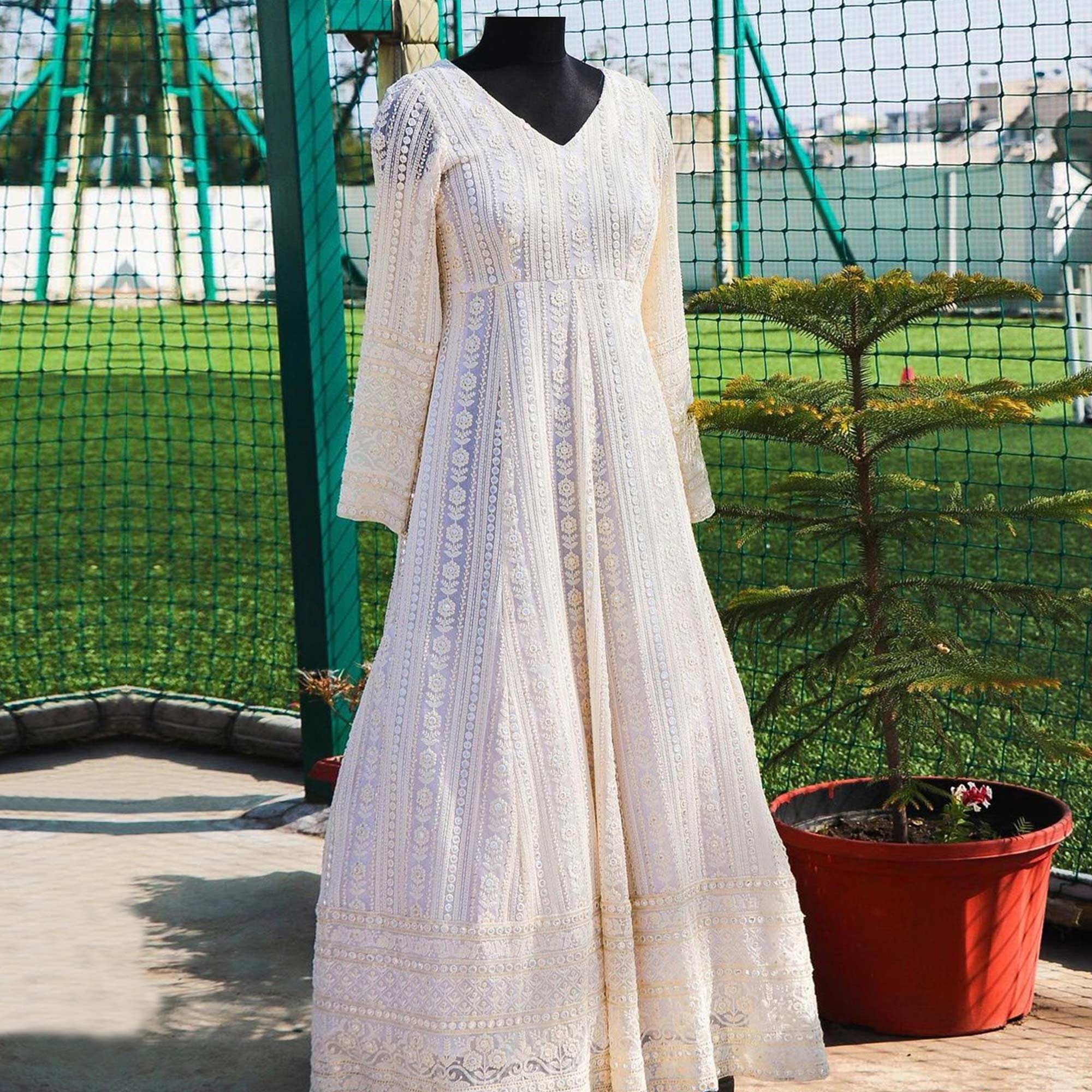 White Lucknowi Chikankari Work Georgette Gown